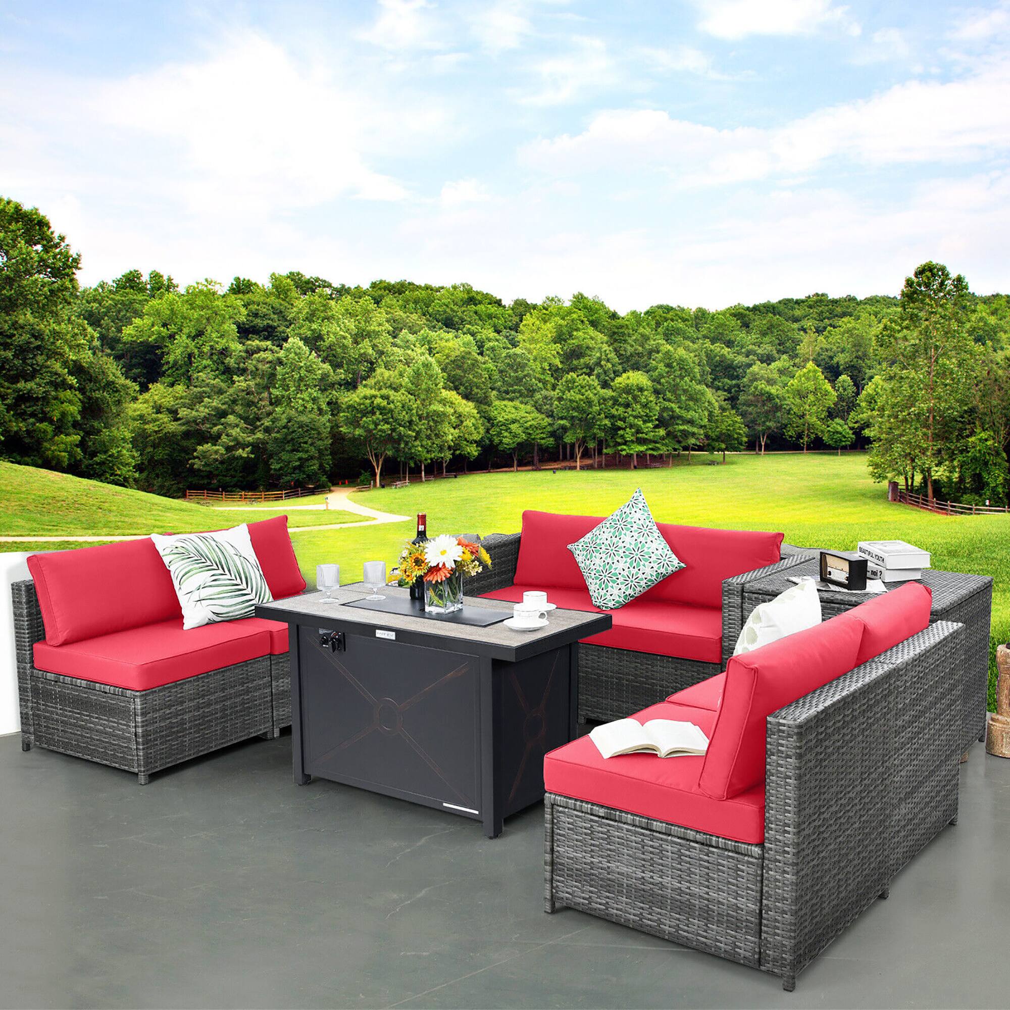 Alt View 2. Gymax - Gymax 9 PCS Patio Rattan Furniture Set Fire Pit Table Storage Black W/ Cover Red - Red.
