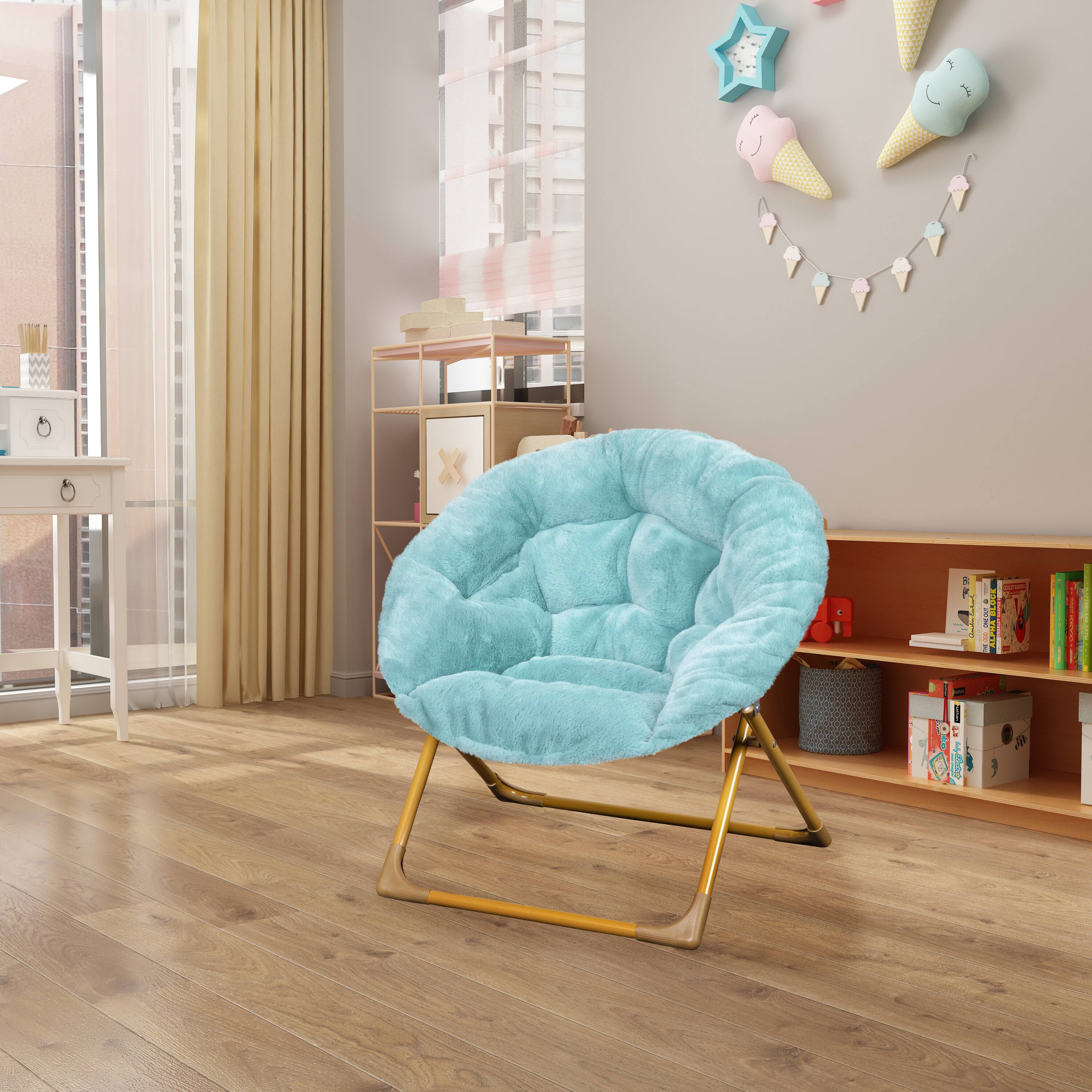 Alt View 1. Emma + Oliver - Io Kid's Folding Saucer Chair with Cozy Faux Fur Upholstery and Metal Frame for Playroom, Bedrooms, Nursery and More - Dusty Aqua Faux Fur/Soft Gold Frame.