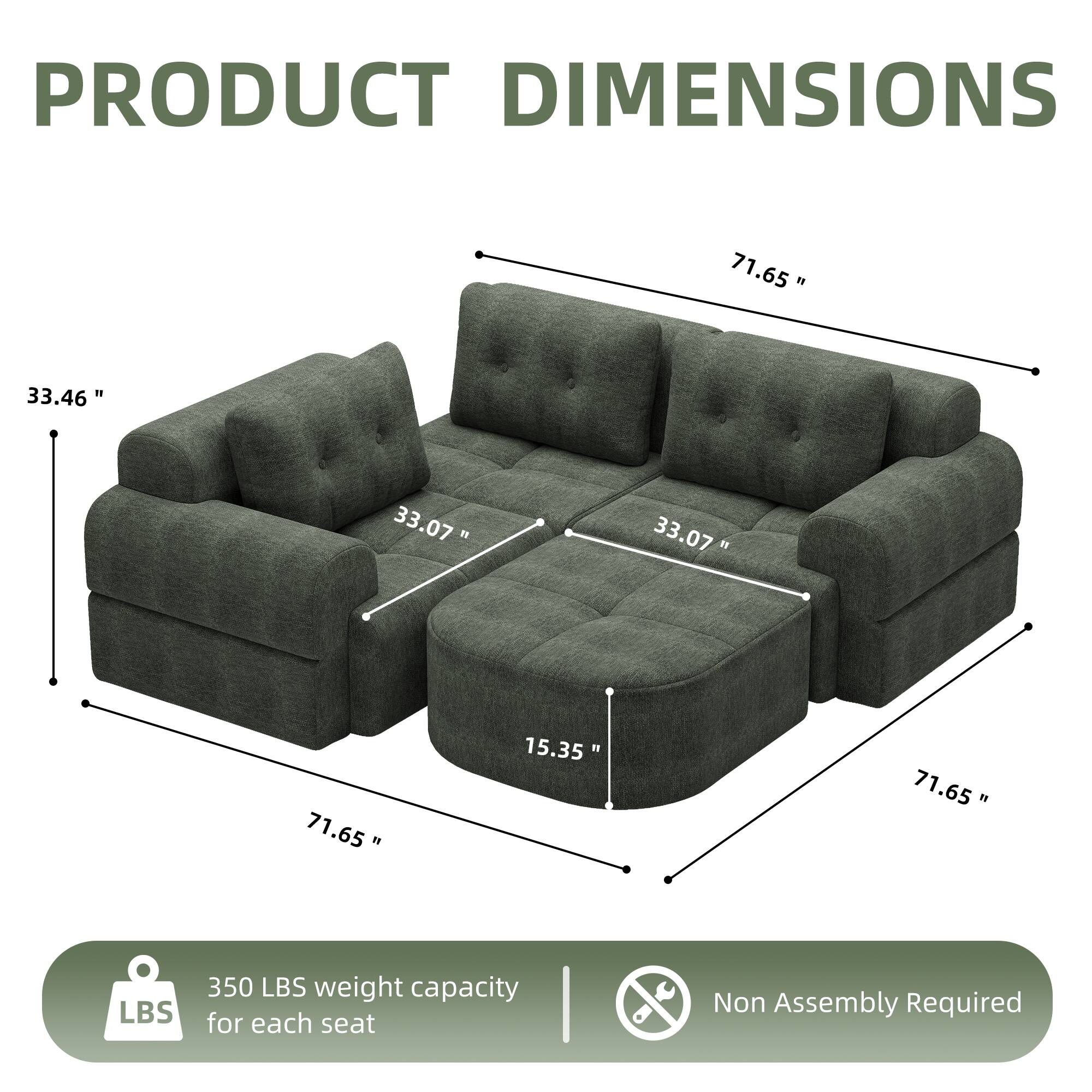 PRODUCT DIMENSIONS

71.65" x 33.46" x 33.07"  
15.35"  
350 LBS weight capacity for each seat  
Non Assembly Required