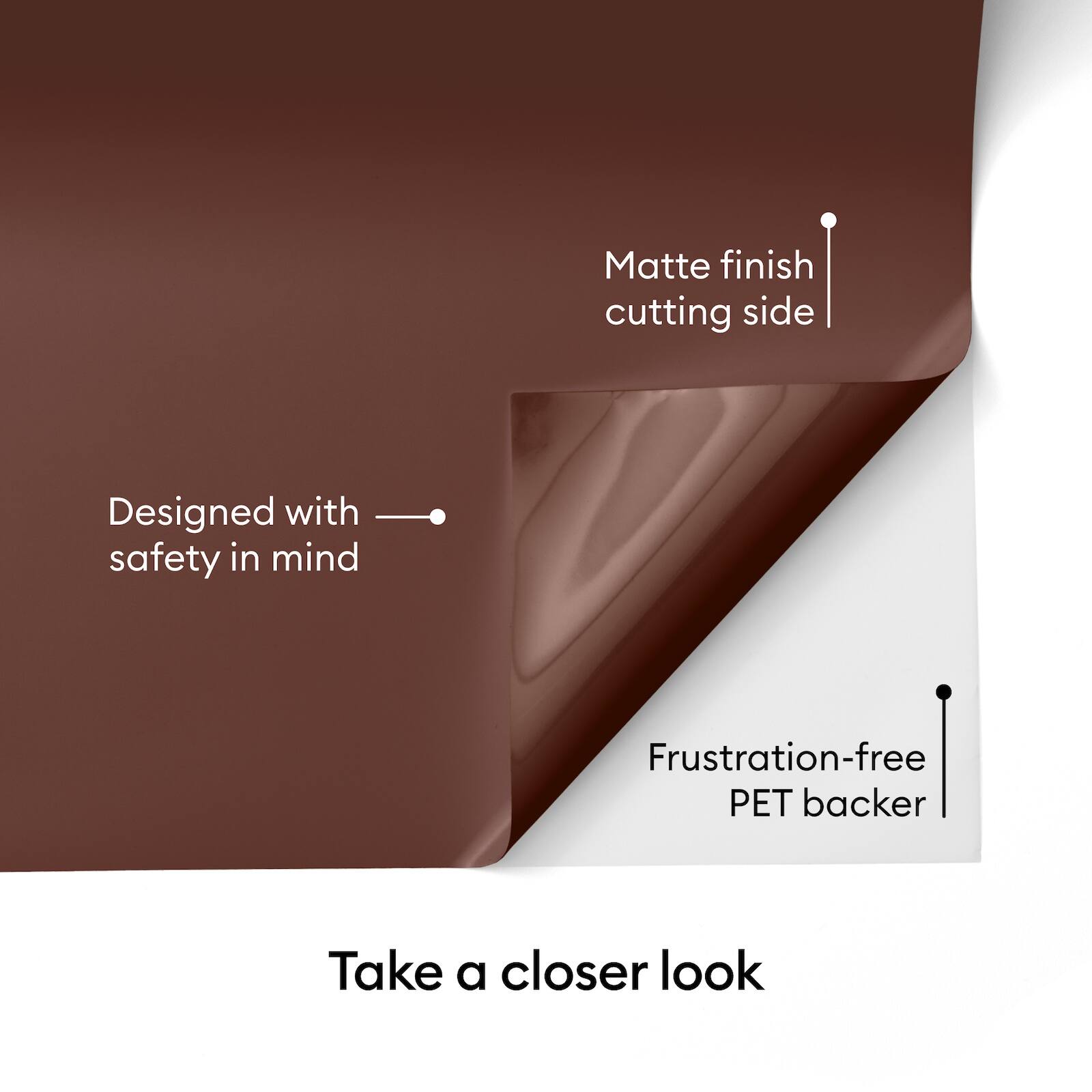 Matte finish cutting side  
Designed with safety in mind  
Frustration-free PET backer  
Take a closer look