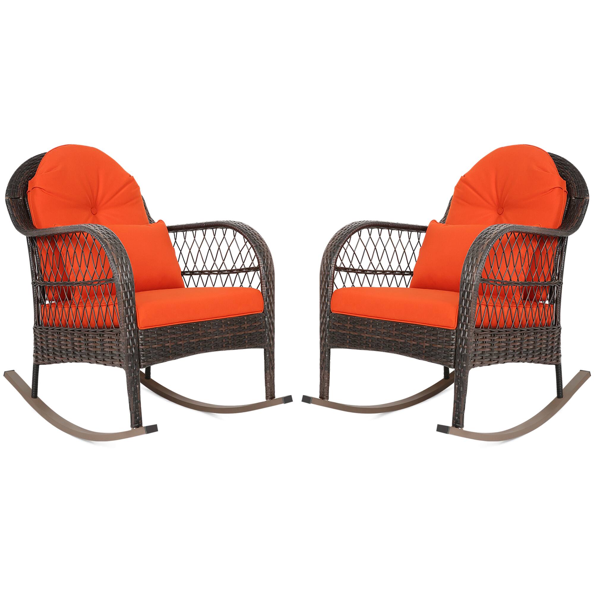 Alt View 2. Gymax - Gymax 2PCS Patio Rattan Wicker Rocking Chair Rocker Outdoor Furniture W/ Cushion - Orange.
