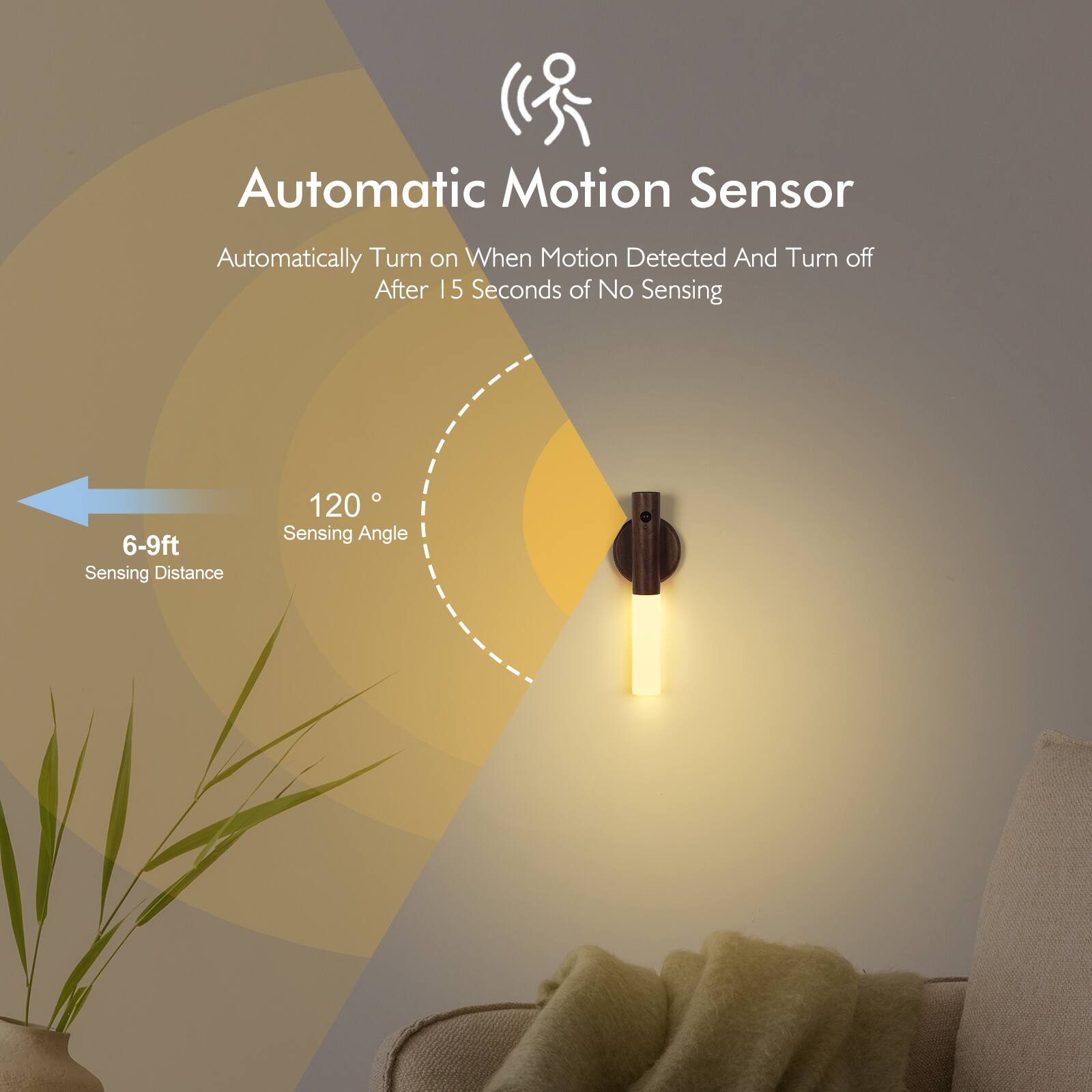 Automatic Motion Sensor  
Automatically Turn on When Motion Detected And Turn off After 15 Seconds of No Sensing  
6-9ft Sensing Distance  
120° Sensing Angle
