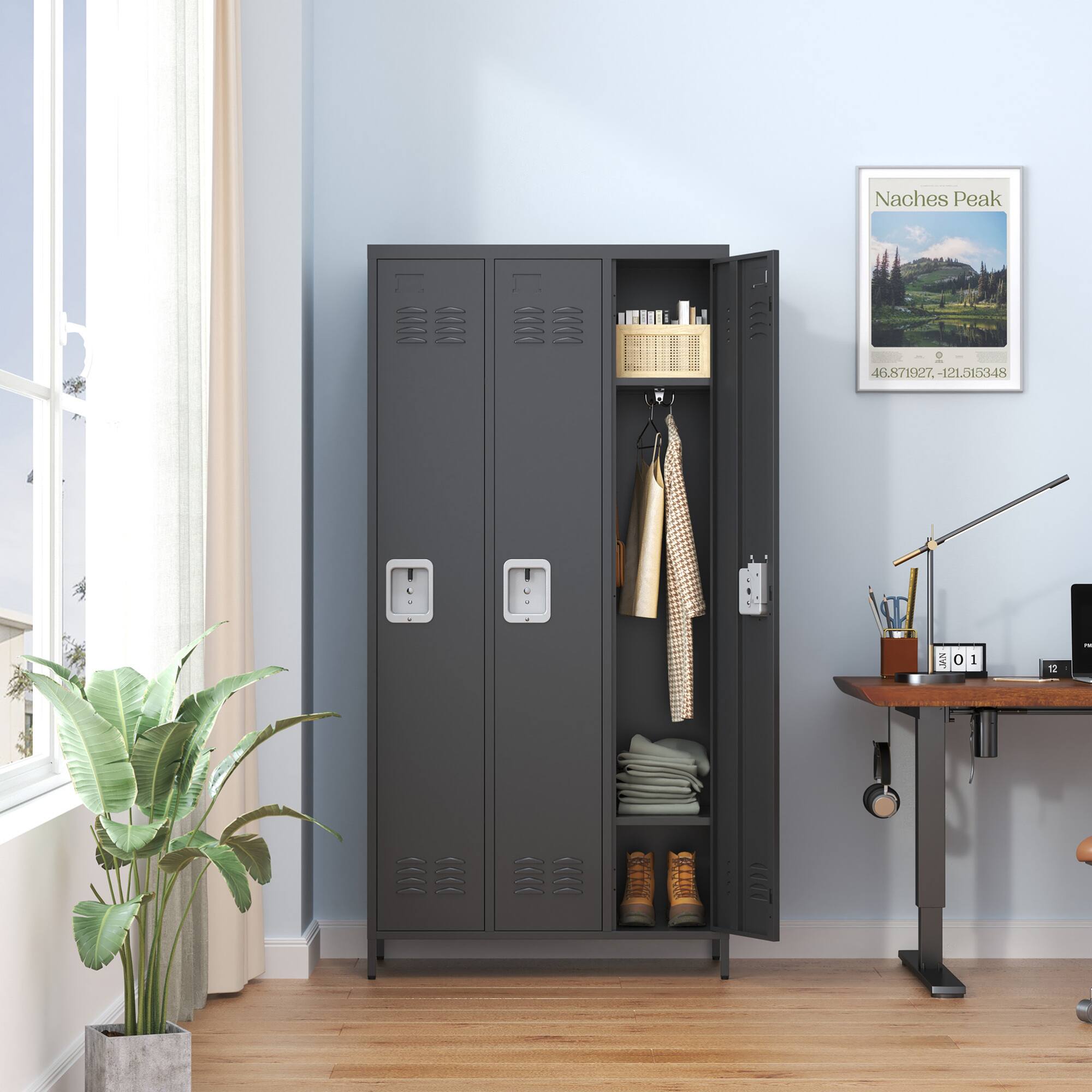 Alt View 4. GOODSILO - Three-Door Steel Storage Locker Cabinet for Secure Organization in Home Gym Office or Garage - Black.