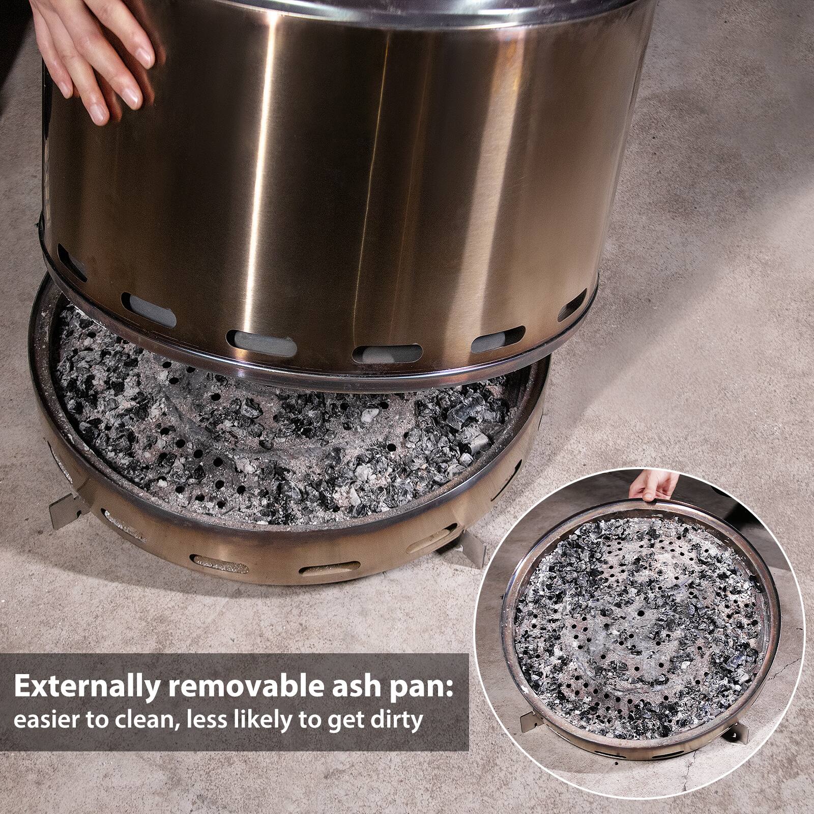 Externally removable ash pan: easier to clean, less likely to get dirty