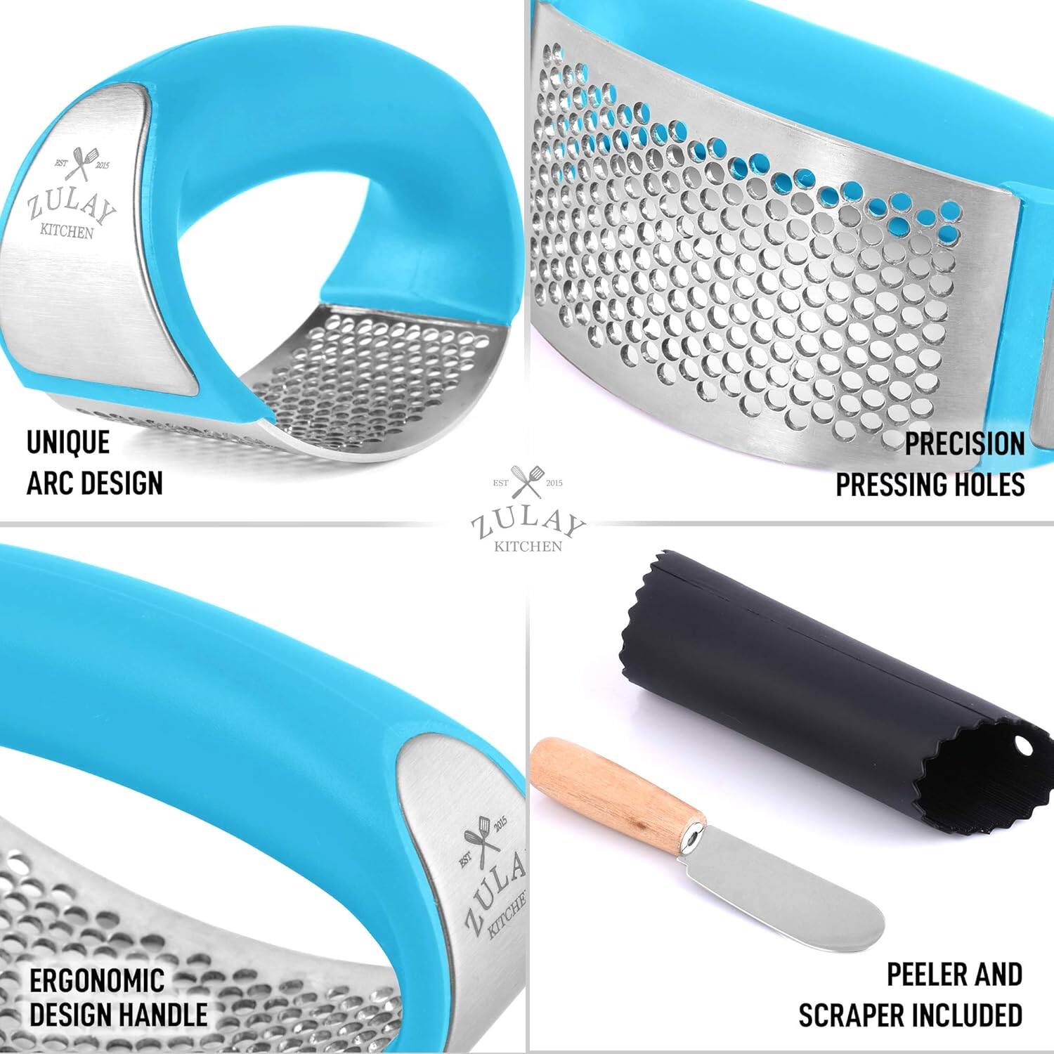 ZULAY KITCHEN UNIQUE ARC DESIGN, ZULAY KITCHEN PRECISION PRESSING HOLES, ZULAY KITCHEN ERGONOMIC DESIGN HANDLE, ZULAY KITCHEN PEELER AND SCRAPER INCLUDED