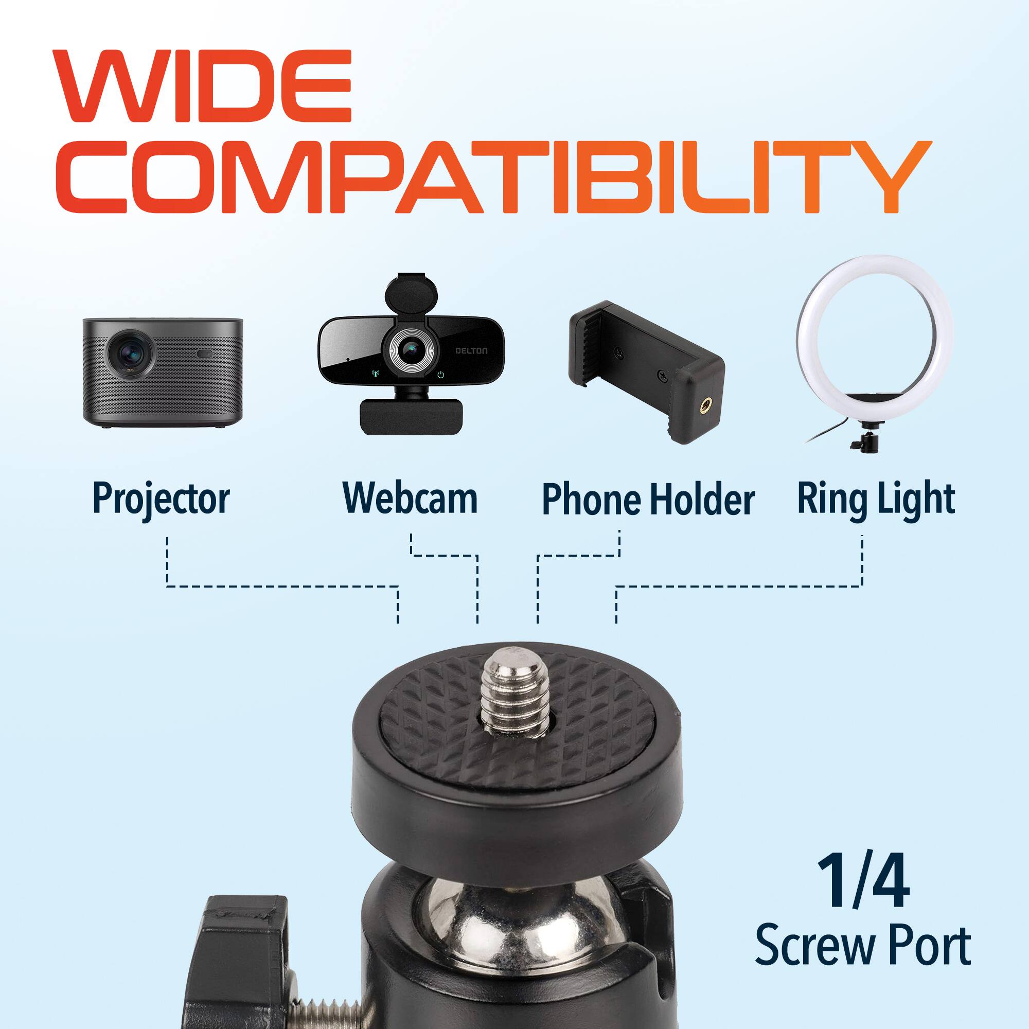 WIDE COMPATIBILITY

Projector
Webcam
Phone Holder
Ring Light
1/4 Screw Port