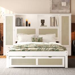 APRILSOUL - Twin Size Wooden Bed with Two Storage Lockers Drawer and Storage Shelf on Headboard White - White