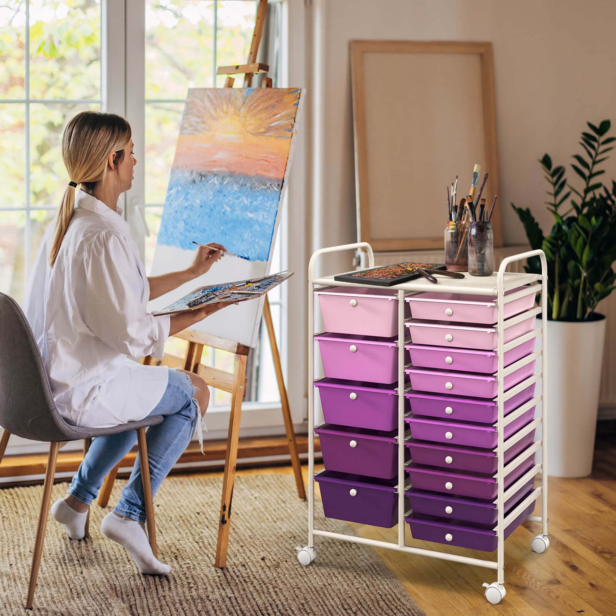 Alt View 4. Costway - Costway 15 Drawer Rolling Organizer Cart Utility Storage Tools Scrapbook Paper Multi-Use - Purple.