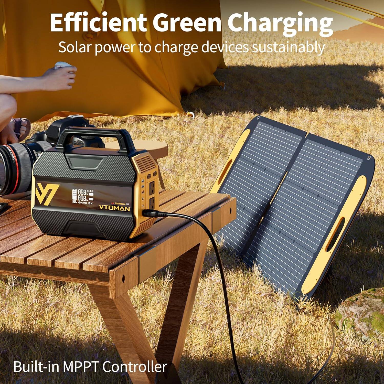 Efficient Green Charging  
Solar power to charge devices sustainably  

M7 B98 888.8 -- - 1 - VTOMAN  

Built-in MPPT Controller