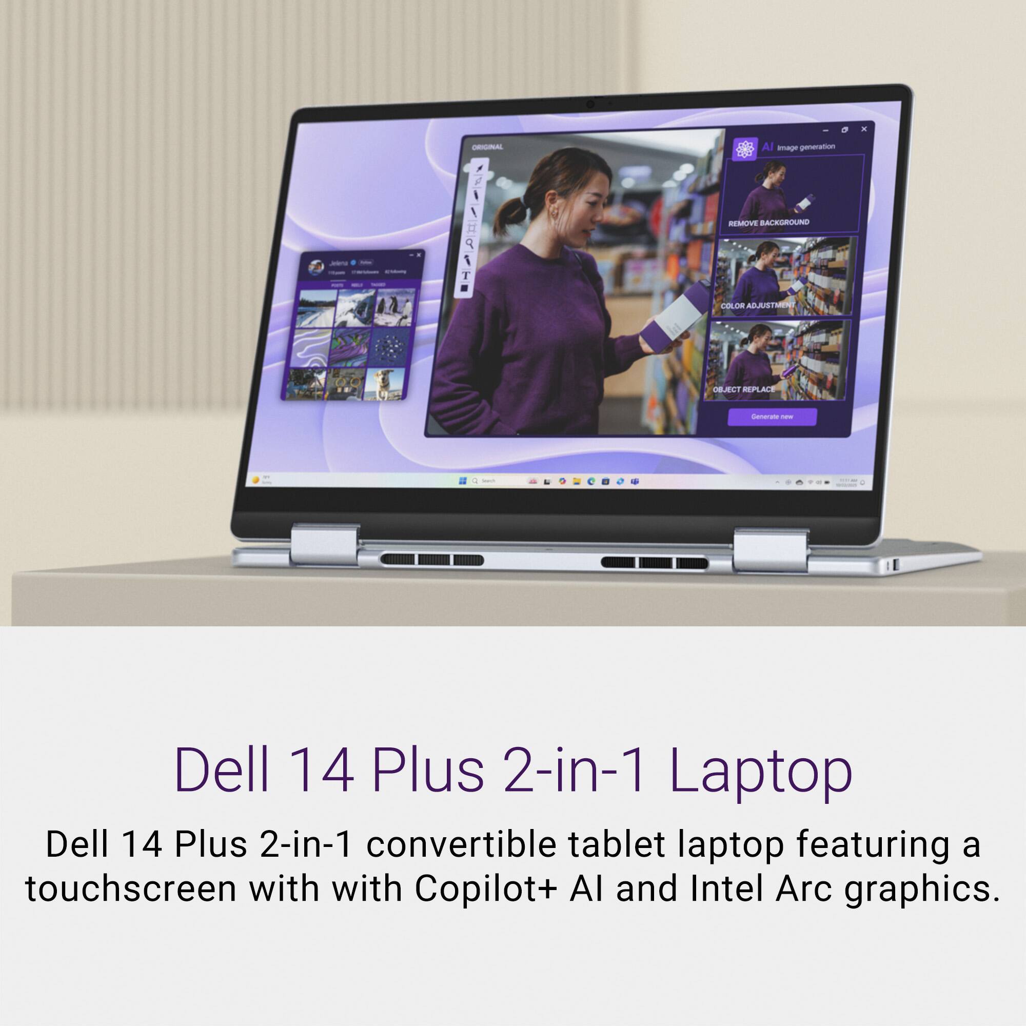 Dell 14 Plus 2-in-1 Laptop: A convertible tablet laptop featuring a touchscreen with Copilot+ AI and Intel Arc graphics.