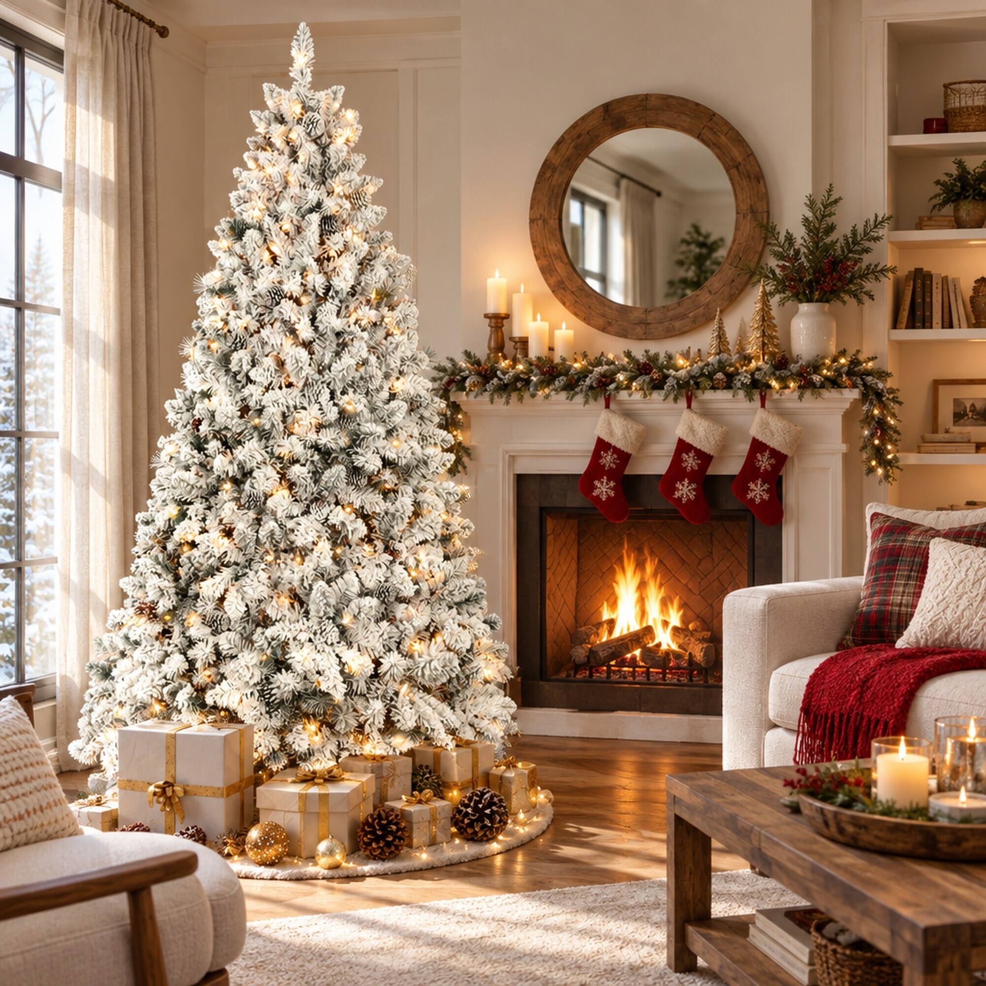 Angle. RYHNUYNE - 4.5FT Flocked Pre-Lit Christmas Tree With 250 Lights and 24 Pine Cones, 498 Snowy Tips and Metal Stand - Green,White.