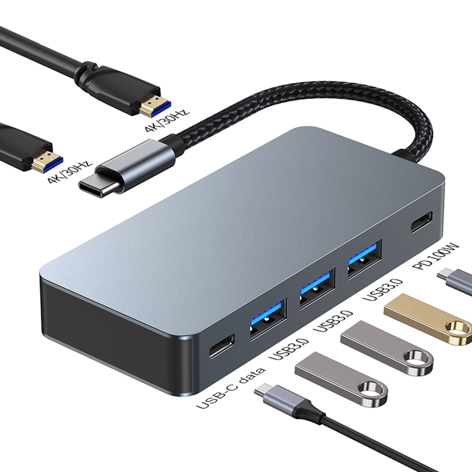 4K/30Hz 4K/30Hz PD 100W USB3.0 USB3.0 data USB-C