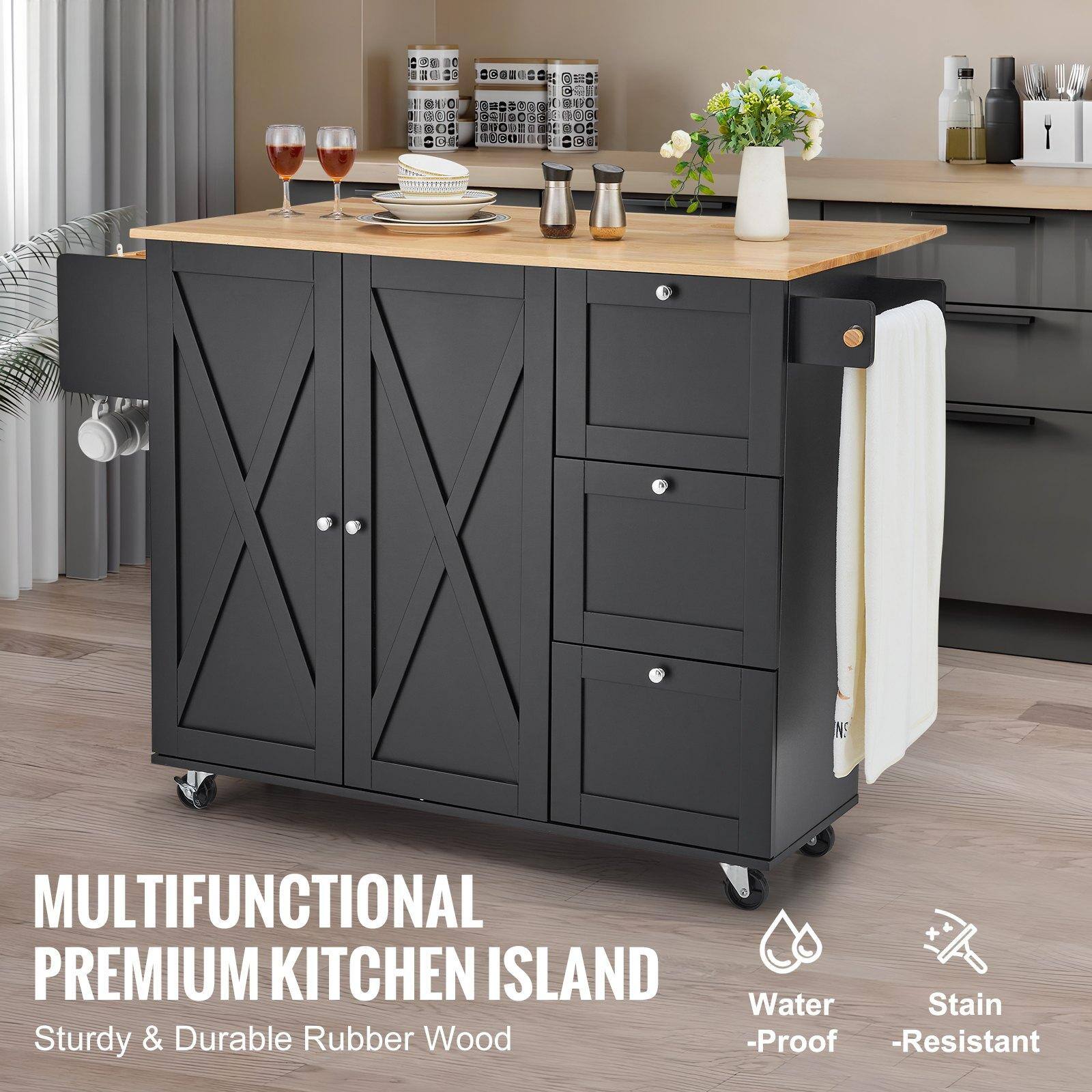 MULTIFUNCTIONAL PREMIUM KITCHEN ISLAND  
Sturdy & Durable Rubber Wood  
Water-Proof  
Stain-Resistant