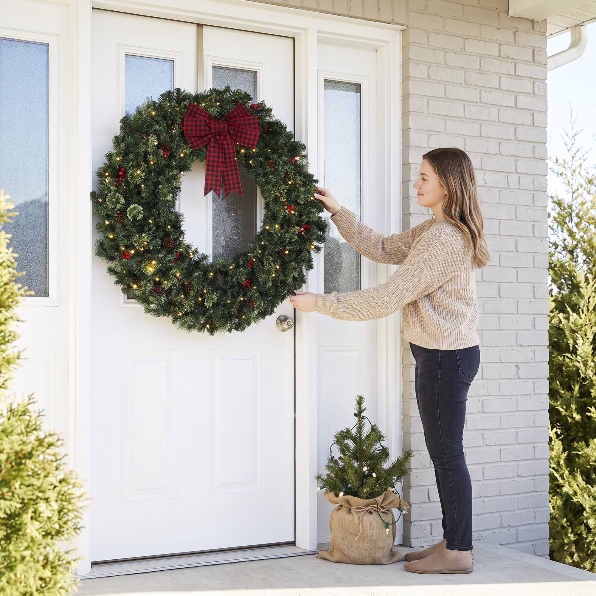 Alt View 7. Homcom - Prelit Crestwood Spruce Artificial Christmas Wreath, Christmas Decor with Bow, 8 Modes - Green.