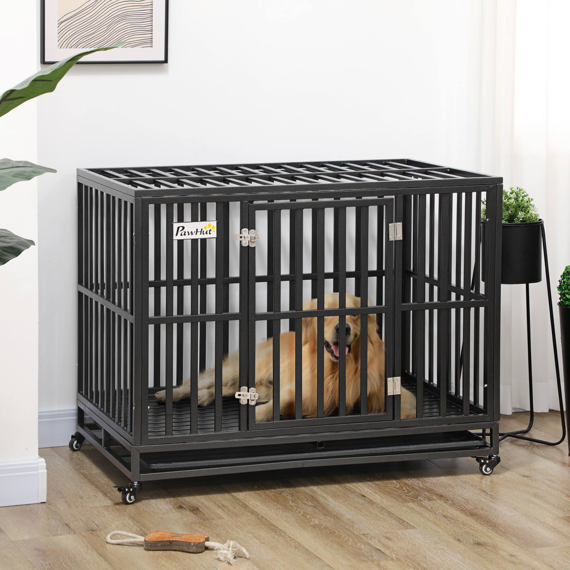 Angle. Pawhut - Heavy Duty Metal Dog Crate Kennel & Cage Playpen, with Lockable Wheels, Anti-Pinching Floor, 41" x 29.5" x 35".
