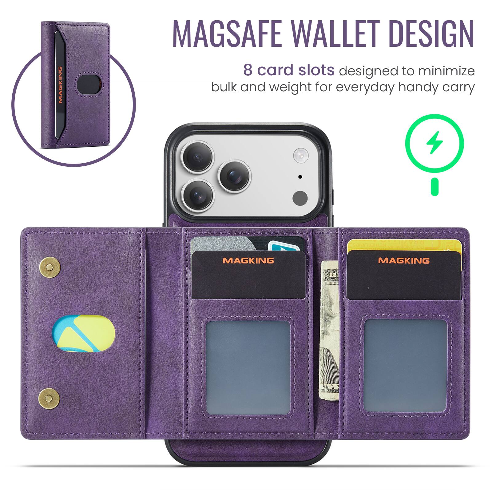 MAGKING  
MAGSAFE WALLET DESIGN  
8 card slots designed to minimize bulk and weight for everyday handy carry  
BRAZIL NETHERLANDS  
MAGKING  
MAGKING  
AU
