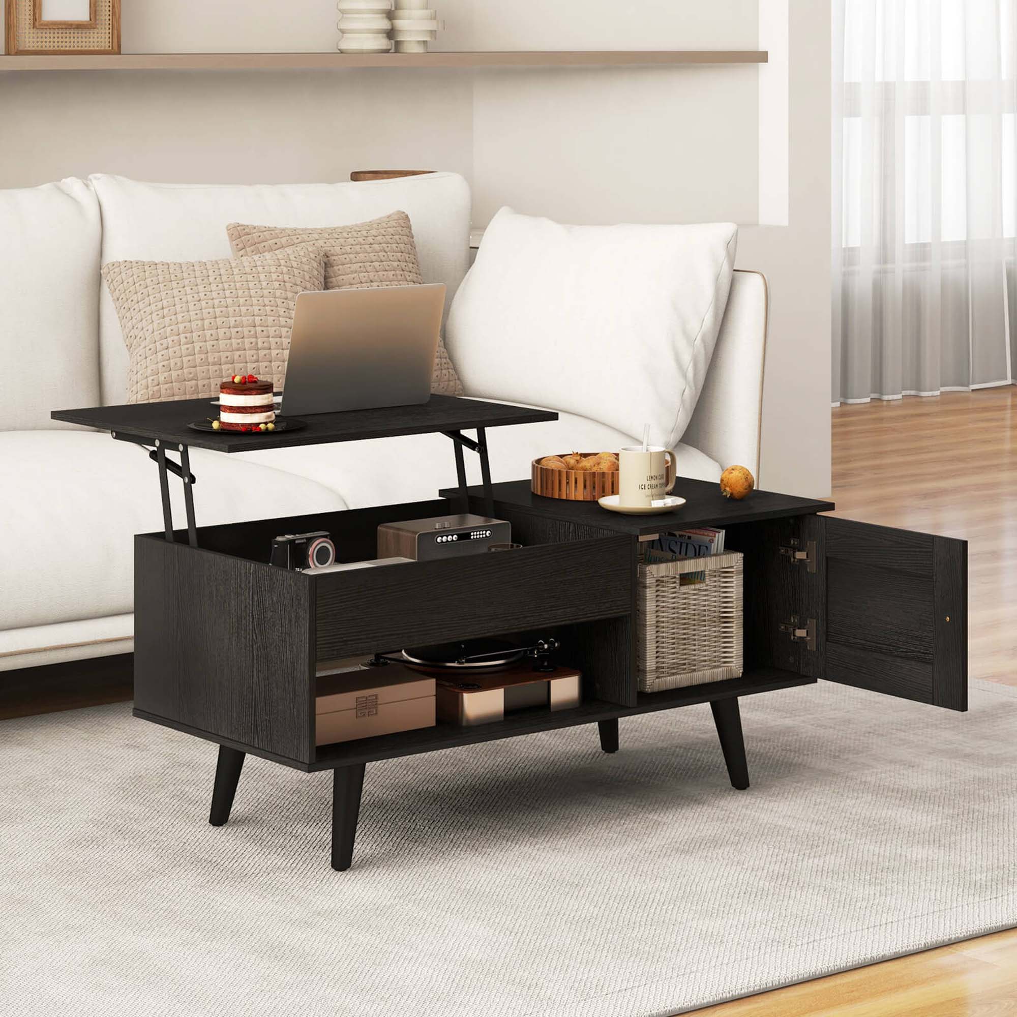 Angle. Costway - Lift Top Coffee Table with Storage Hidden Compartment Cabinet & Open Shelf Black - Black.