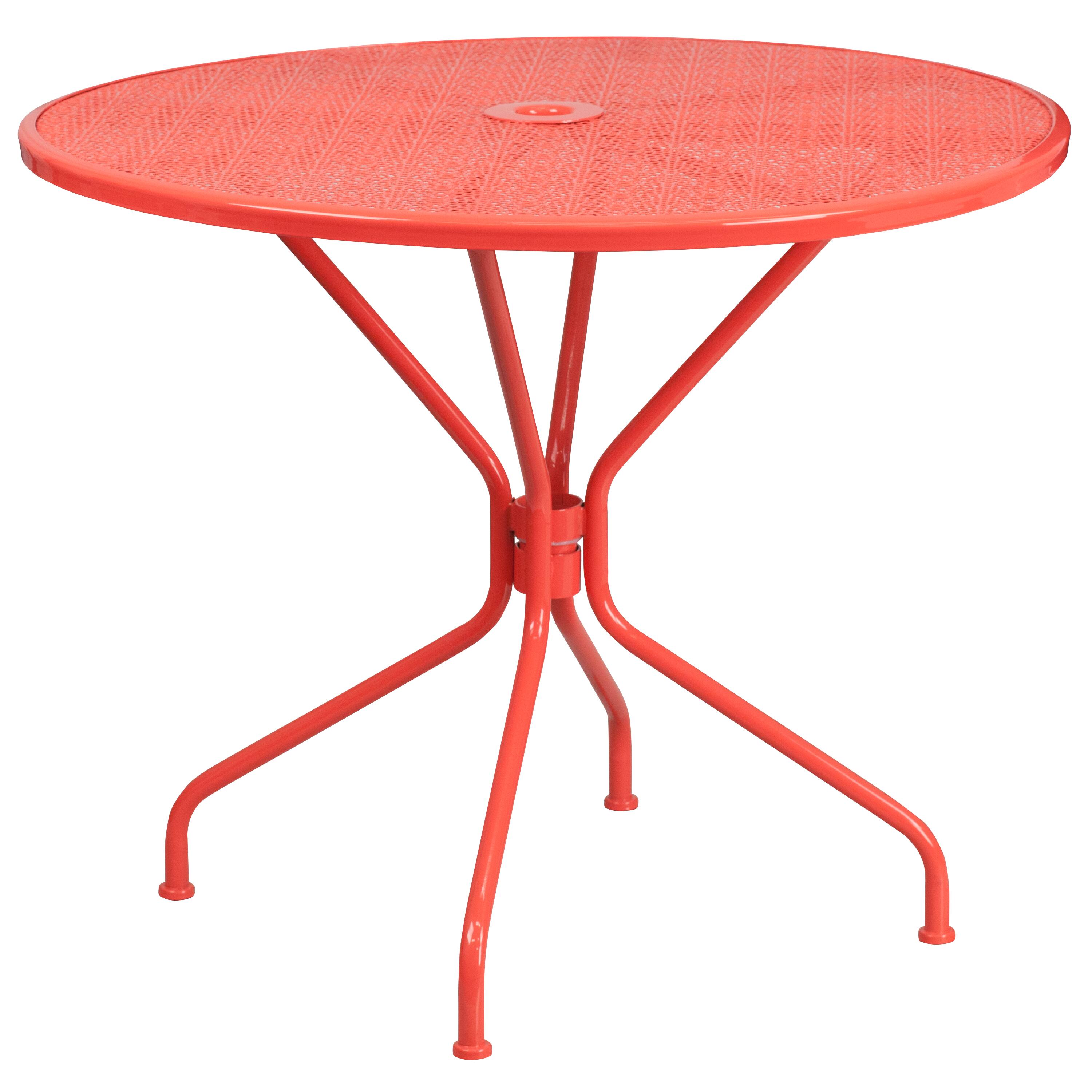 Alt View 3. Emma + Oliver - Commercial 35.25" Round Metal Garden Patio Table Set w/ 2 Round Back Chairs - Coral.