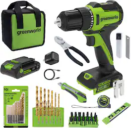 Greenworks - 24V PowerAll Brushless 3/8" 300 in-lbs Drill Driver, with 2Ah Battery 30W Charger and Hand Tools - Green