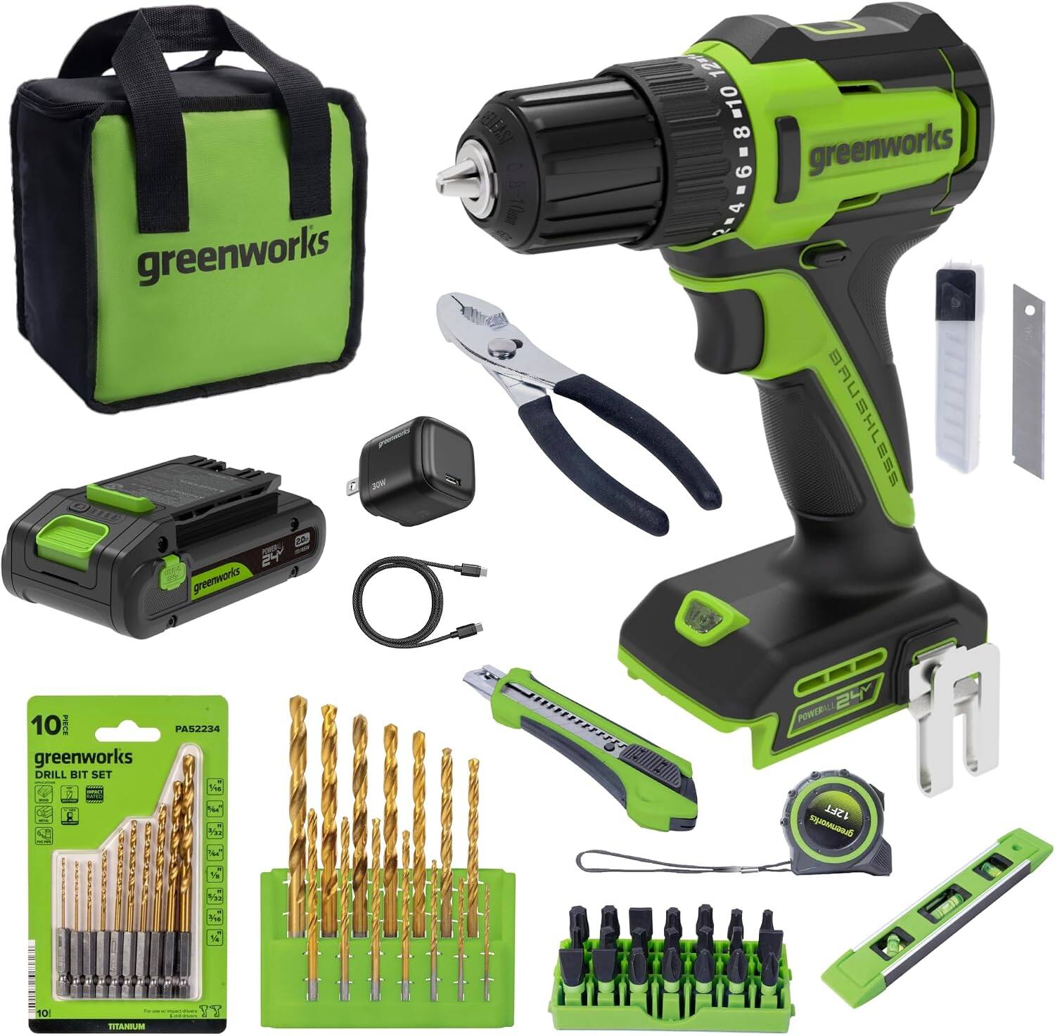 greenworks  
ELEASI  
12 OLm 8 26810 6 - greenworks  
greenments 30W  
BAUSHLESS  
20 POWERS 24  greenworks  
10 PIECE PA52234 greenworks DRILL BIT SET / The  
POWERALL 12FT greenworks  
We  
3/40  
10!  
TITANIUM