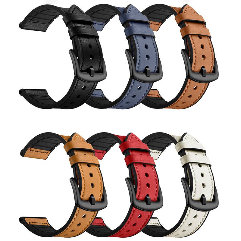 Left. StrapsCo - Hybrid Strap Leather and Rubber Watch Band For Samsung Galaxy Watch 5 - Red.
