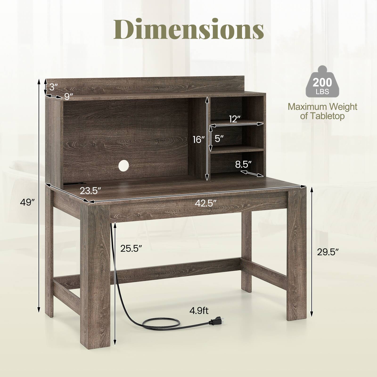 Dimensions:
- Height: 3" (top shelf), 9" (middle shelf), 12" (bottom shelf)
- Width: 49"
- Depth: 23.5"
- Tabletop: 42.5" x 25.5"
- Overall Length: 4.9ft
- Maximum Weight of Tabletop: 200 LBS