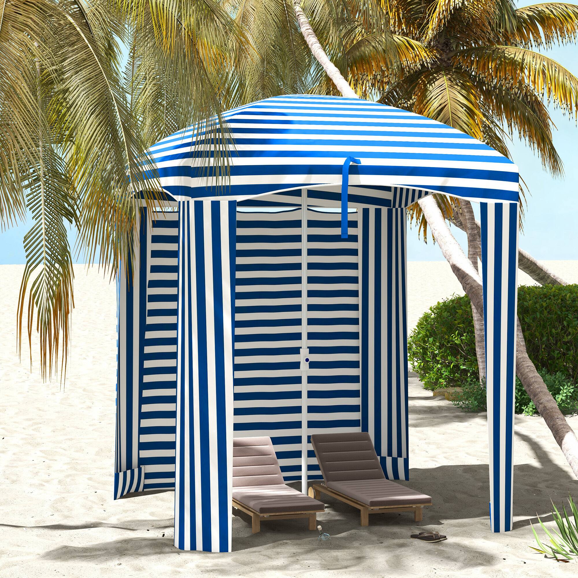 Alt View 1. Outsunny - x 5.8' Cabana Umbrella with Walls, Vents, Ruffles, Carry Bag, Beach Umbrella - Blue White Strip.