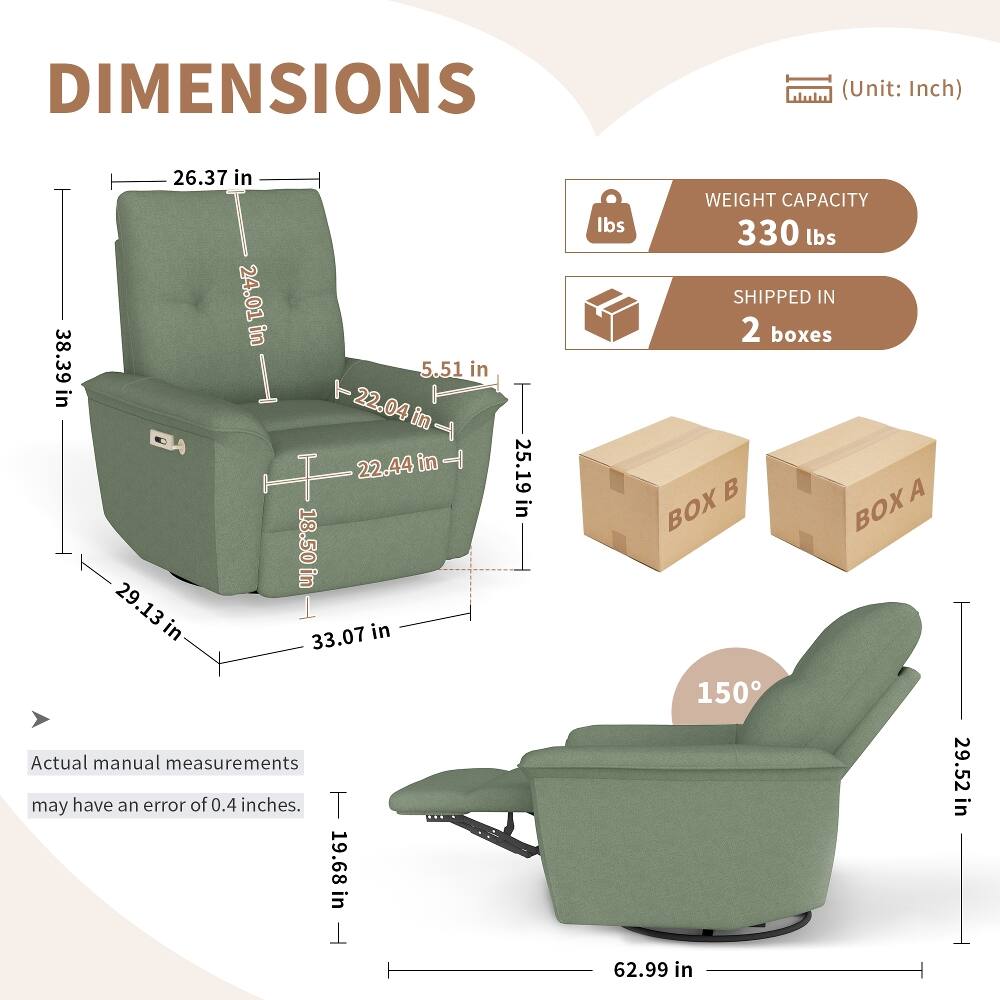 DIMENSIONS (Unit: Inch)  
- 38.39 in  
- 26.37 in  
- 24.01 in  
- 29.13 in  
- 5.51 in  
- 22.04 in  
- 22.44 in  
- 18.50 in  
- 33.07 in  
- 25.19 in  

WEIGHT CAPACITY: 330 lbs  
SHIPPED IN: 2 boxes  

Actual manual measurements may have an error of 0.4 inches.  

- 19.68 in  
- 62.99 in  
- 29.52 in