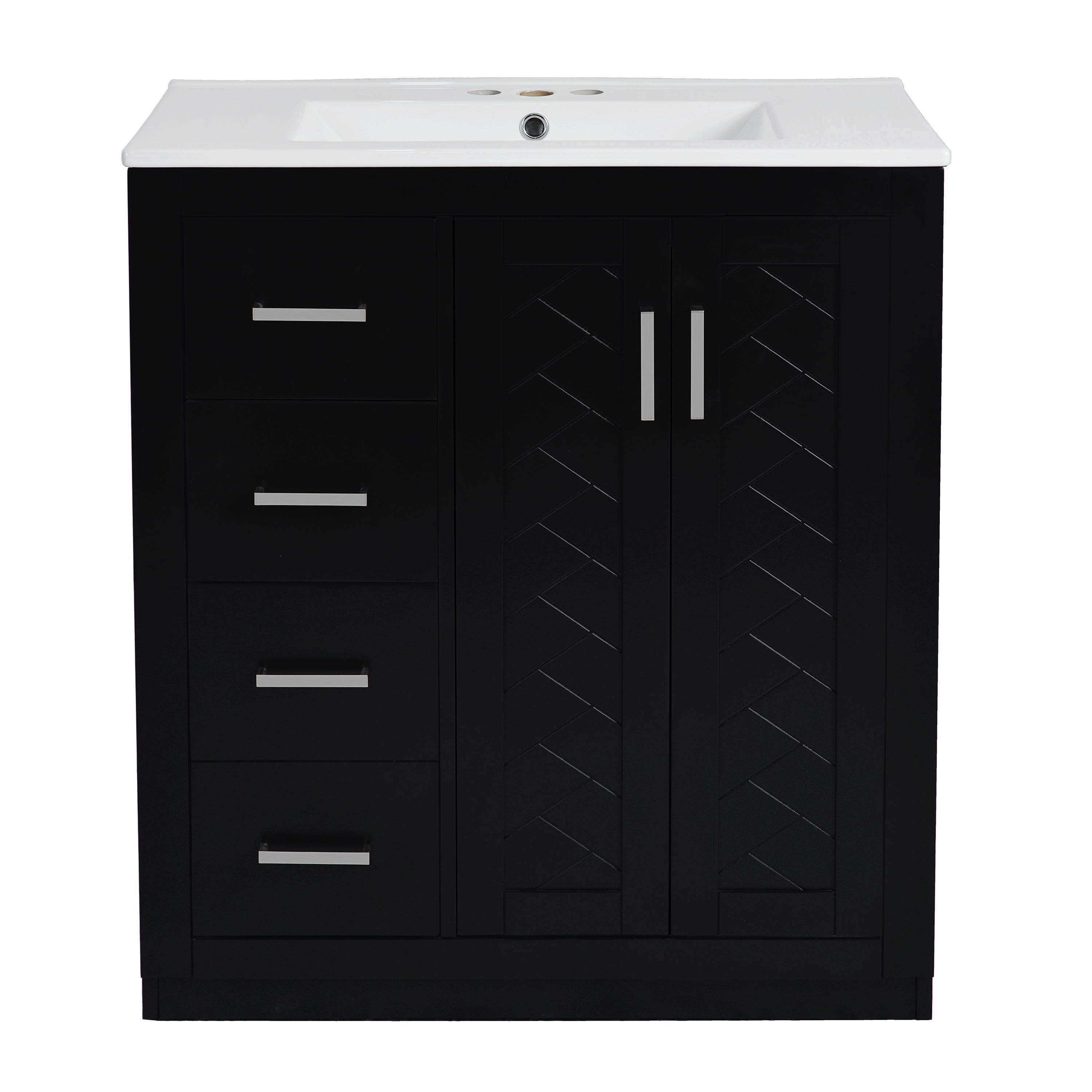 Boyel Living - 30 Inch Bathroom Vanity with Ceramic Sink Solid Wood Frame 3 Drawers 1 Cabinet - Black