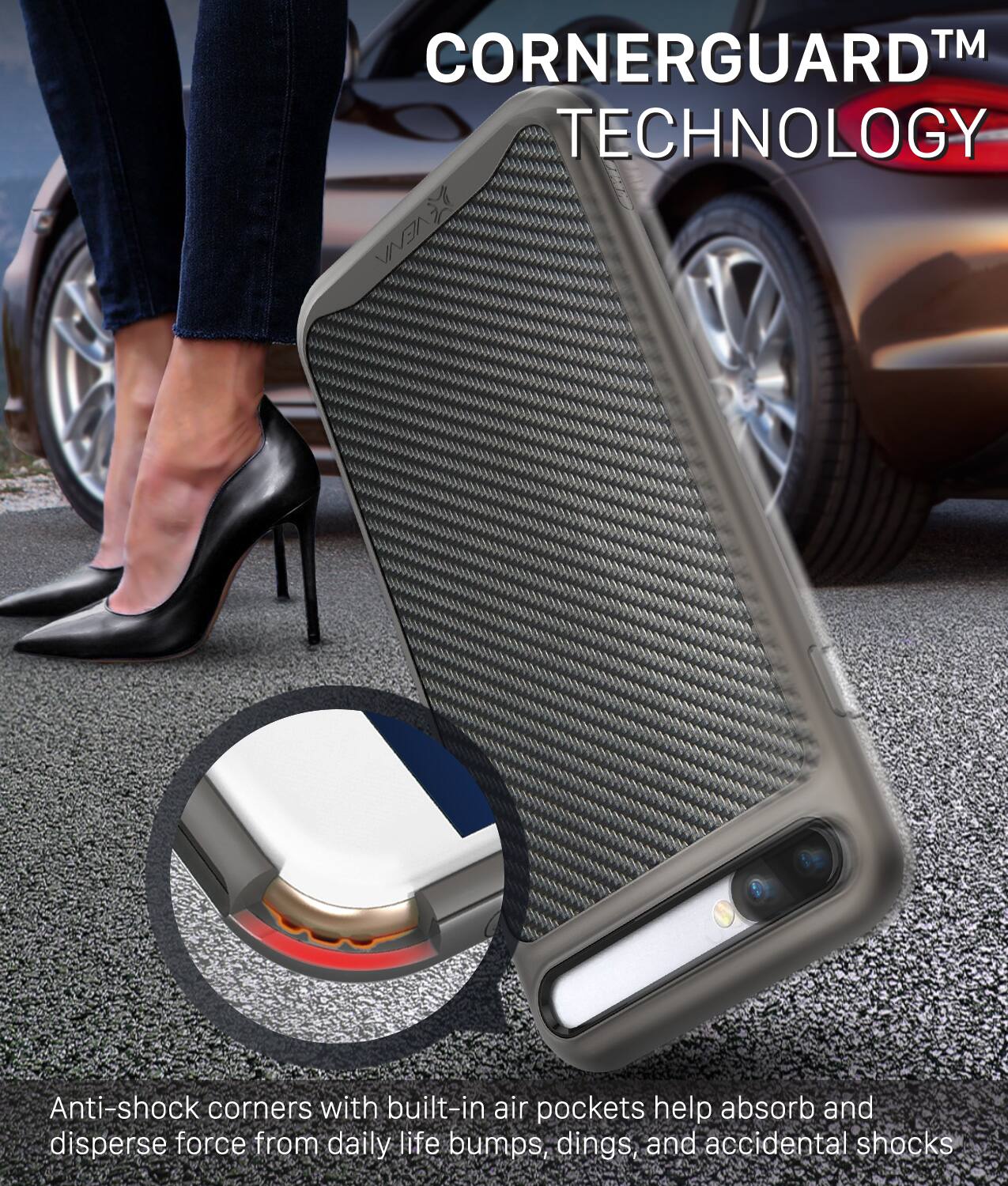 CORNERGUARD™ TECHNOLOGY

Anti-shock corners with built-in air pockets help absorb and disperse force from daily life bumps, dings, and accidental shocks