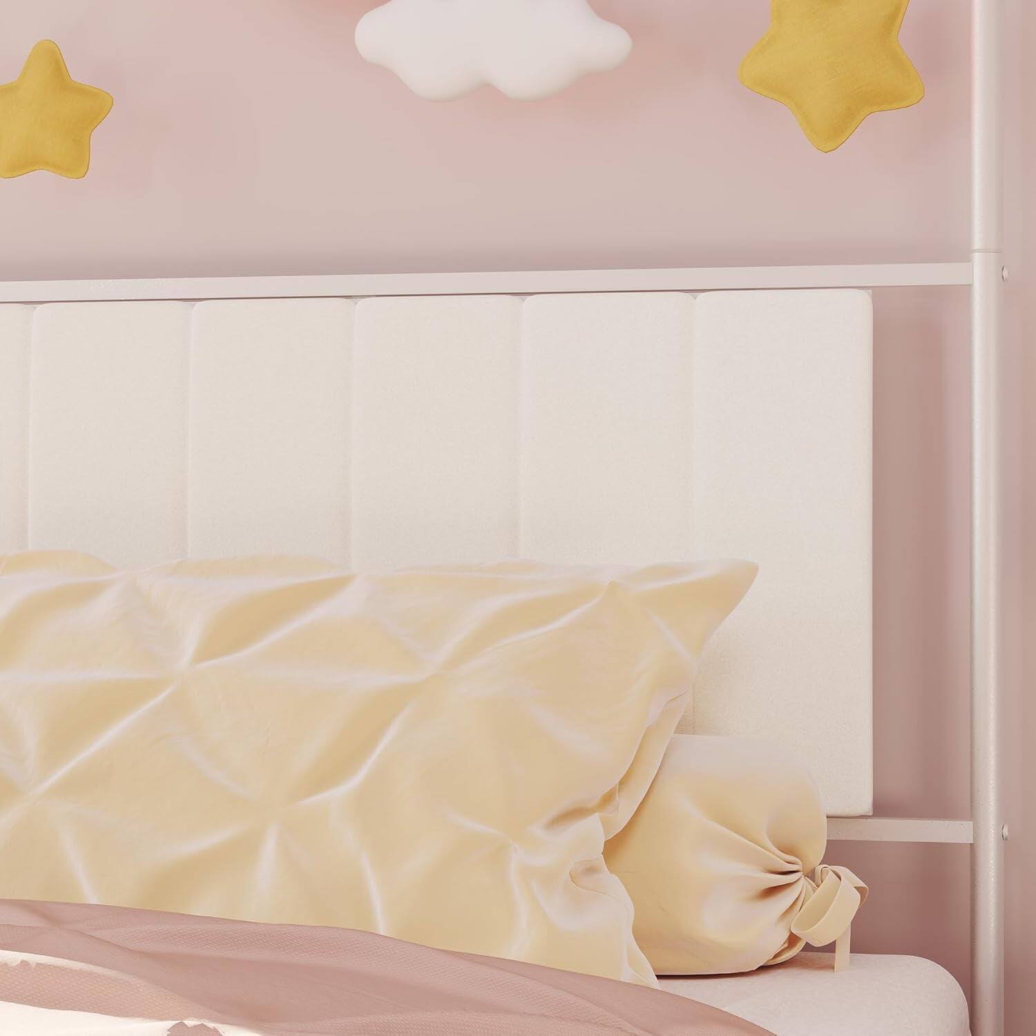 Alt View 1. GARVEE - Twin Canopy Bed with Upholstered Headboard, White – Charming Twin Canopy Bed with Upholstered Headboard & Classic White - White.