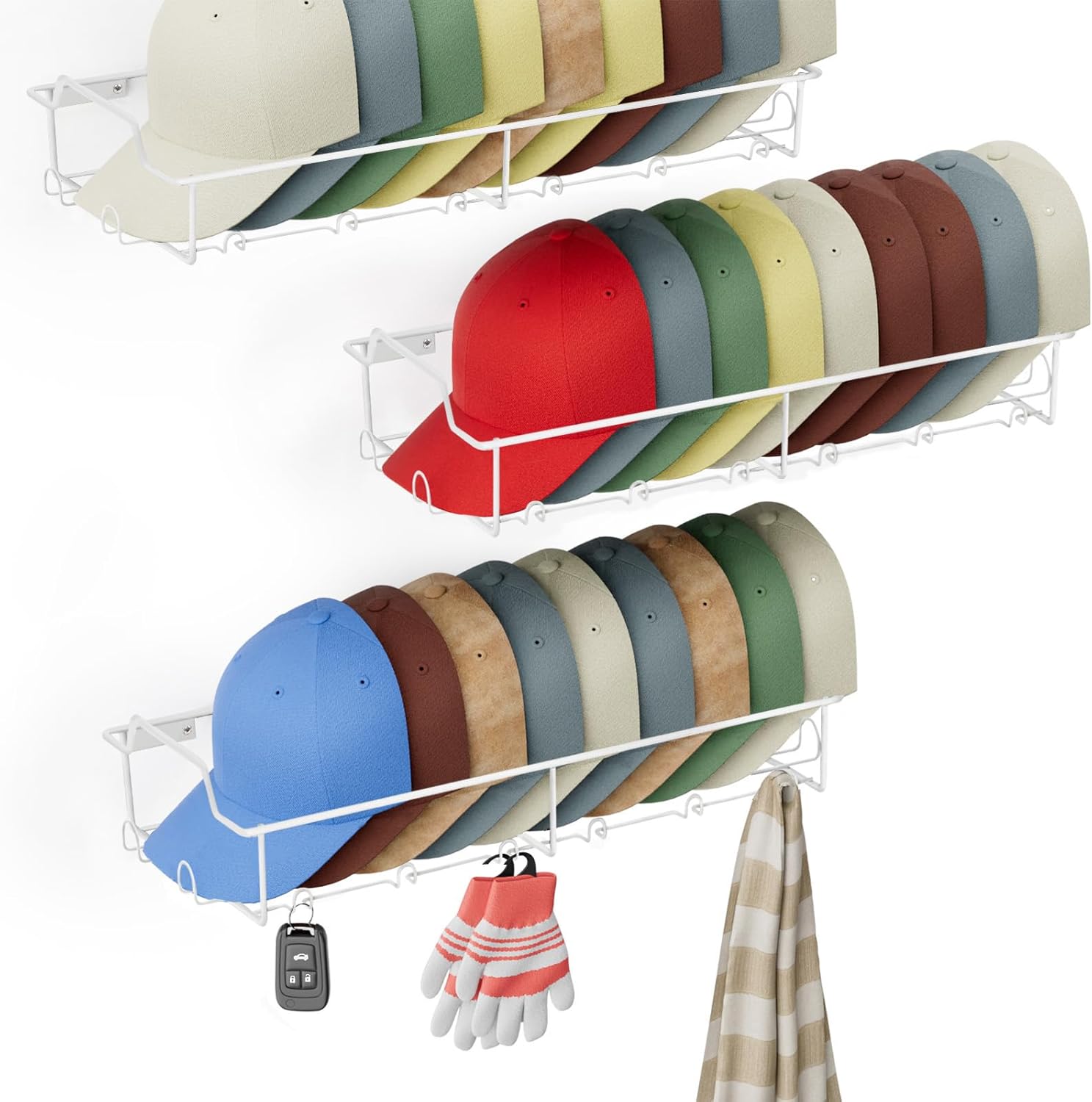 Fairpeak - 3 Pack Hat Organizer Racks for Baseball Caps - Metal HatStorage Holder Shelves for Wall Fit 20 Caps - White