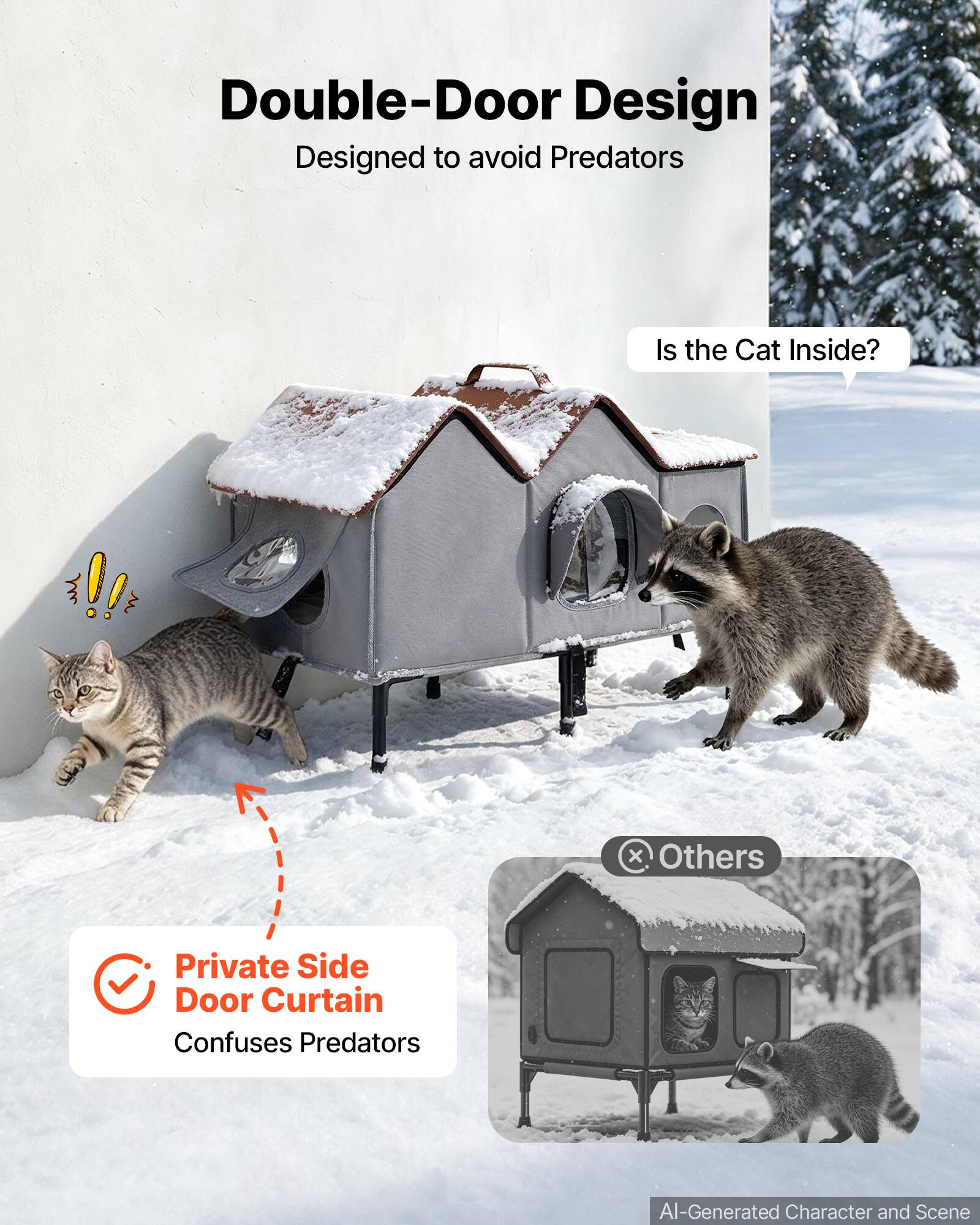 Double-Door Design  
Designed to avoid Predators

Is the Cat Inside?!!

Private Side Door Curtain  
Confuses Predators

Others

AI-Generated Character and Scene