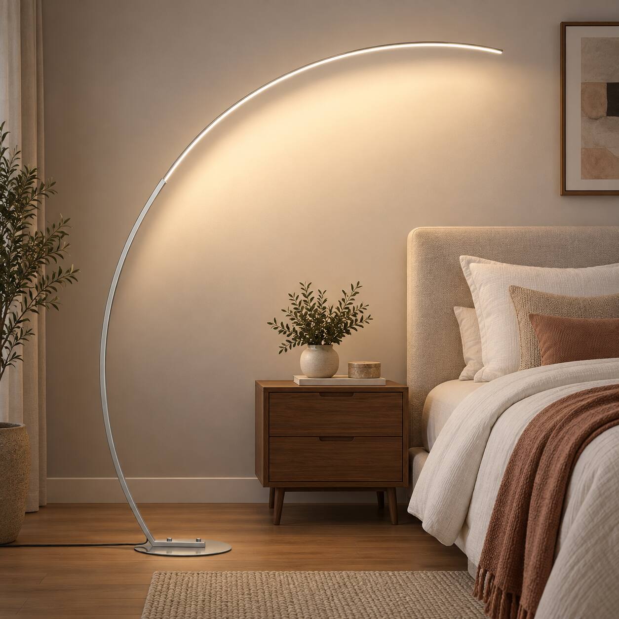 Left. E.P. Light - 70" Contemporary Silver Curved Arc Floor Lamp with Remote & Foot Pedal - Silver.