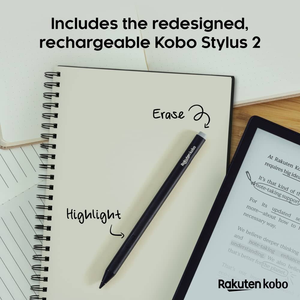 Includes the redesigned, rechargeable Kobo Stylus 2

Erase

Highlight

At Rakuten Kobo, we believe that note-taking is necessary for deeper thinking and understanding. We believe that's better for the planet.

Rakuten kobo