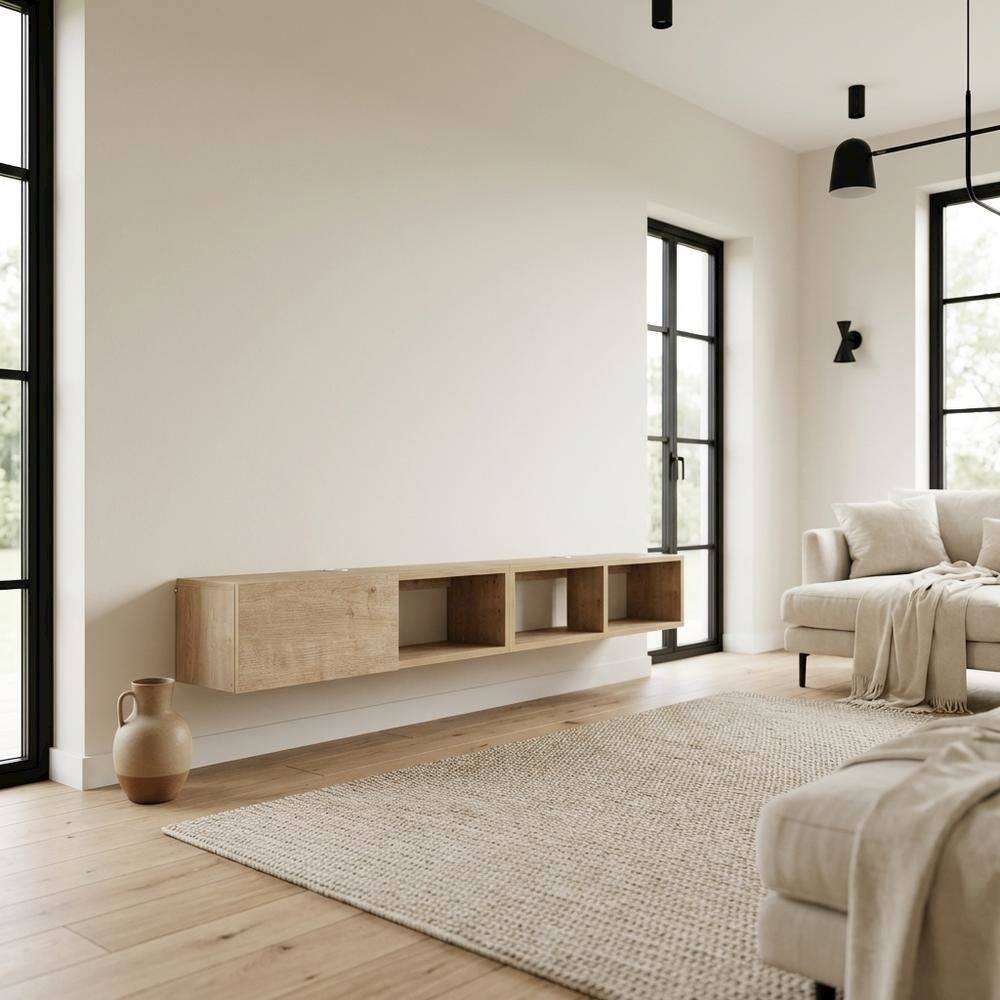 Alt View 2. FurniFact - Oak Floating Wall-Mounted TV Stand for 75 Inch Flat Screens Durable Engineering - Beige.