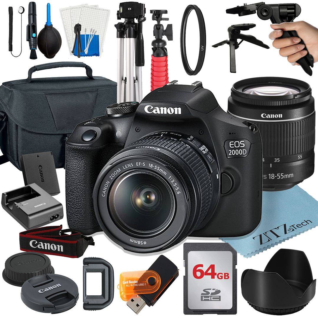 Canon - EOS 2000D / T7 DSLR Camera with 18-55 Lens + 64GB Card + Tripod + ZeeTech Bundle (International Version) - Black