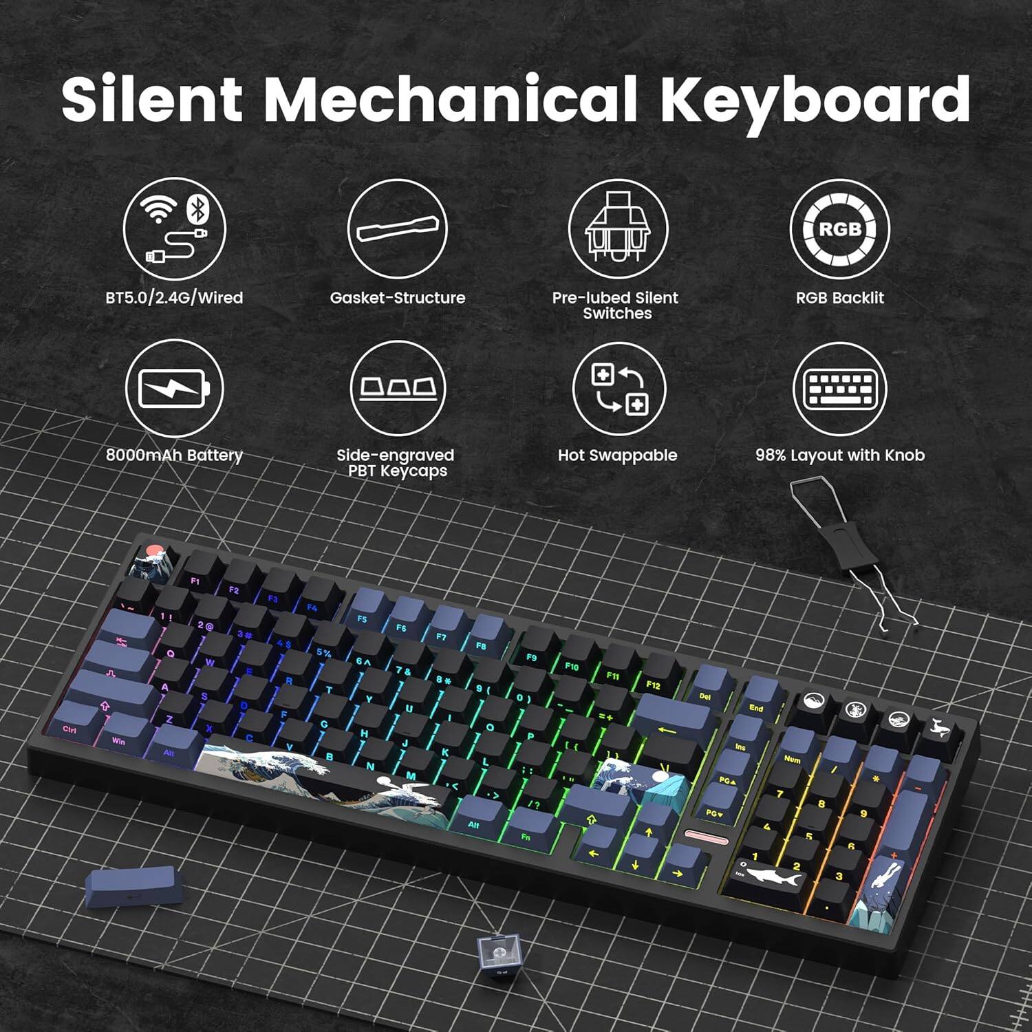 Silent Mechanical Keyboard RGB BT5.0/2.4G/Wired Gasket-Structure Pre-lubed Silent Switches RGB Backlit 8000mAh Battery Side-engraved PBT Keycaps Hot Swappable 98% Layout with Knob