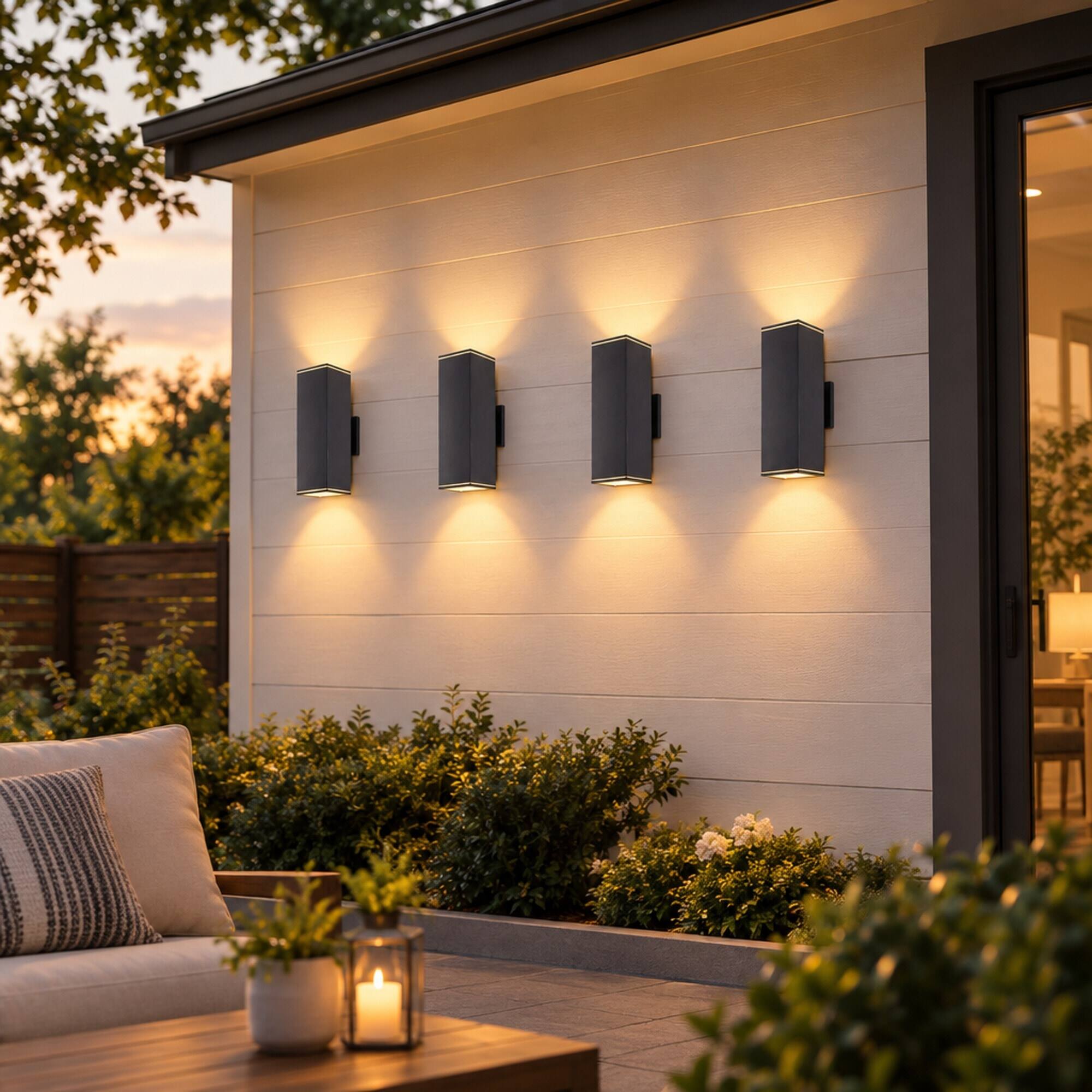 Angle. RYHNUYNE - 12 In Outdoor Wall Lights 4 Pack, Modern Square Up Down Waterproof Aluminum Porch Light Fixture - Black.