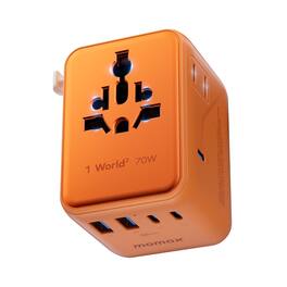 Momax - Mini 7-in-1 Universal Travel Adapter, GaN 70W Dual AC, 3 USB-C & 2 USB-A, Travel Essentials for 200+ Countries - Orange