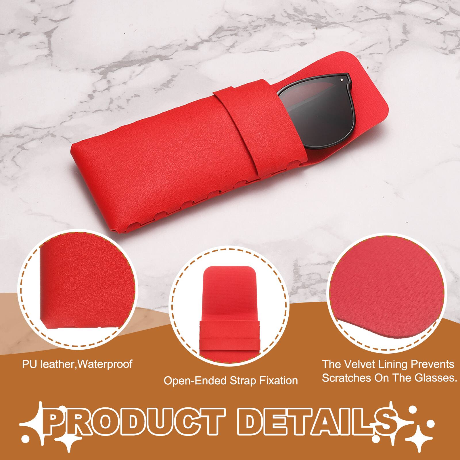 PU leather, Waterproof  
The Velvet Lining Prevents Scratches On The Glasses.  
PRODUCT DETAILS