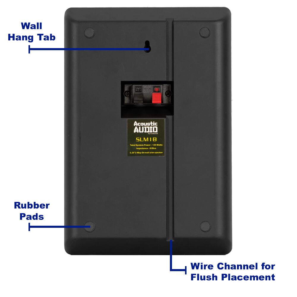 Wall Hang Tab  
Rubber Pads  
Wire Channel for Flush Placement  

Acoustic Audio  
SLM18  
Total System Power: 120 Watts  
3.27" Way Channel in speaker