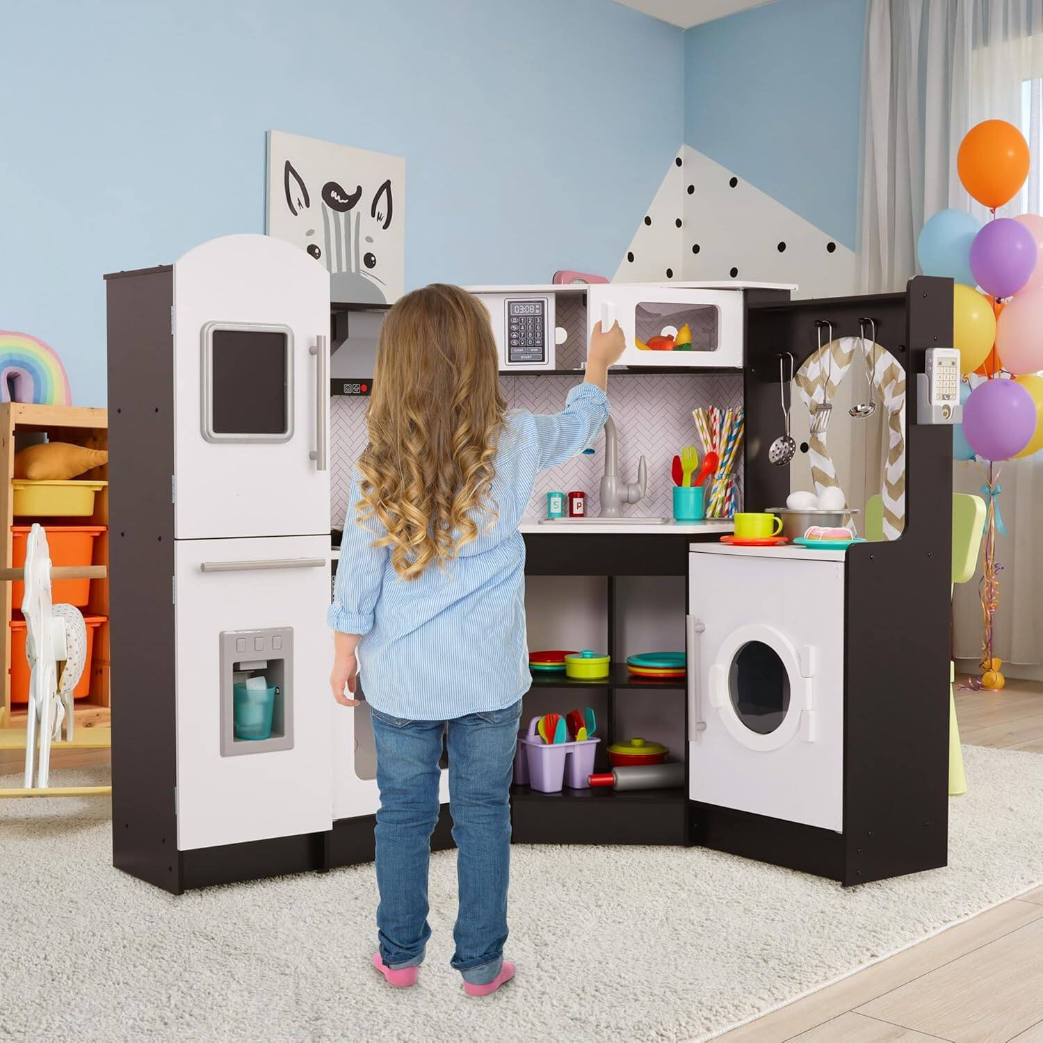Alt View 7. Lil' Jumbl - Corner Kids Kitchen Playset, Pretend Kids Wooden Kitchen with Stovetop, Faucet & More - Black.