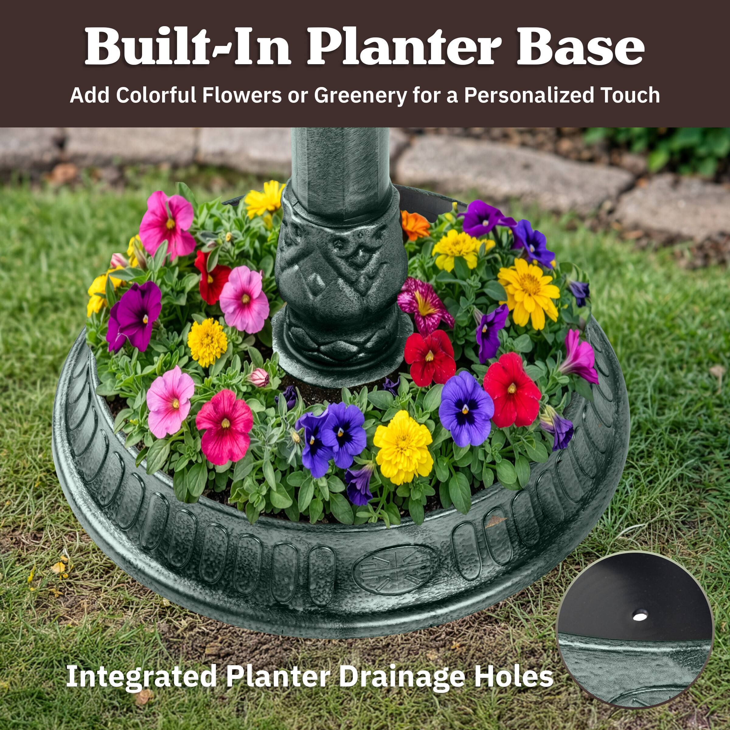 Built-In Planter Base  
Add Colorful Flowers or Greenery for a Personalized Touch  

Integrated Planter Drainage Holes