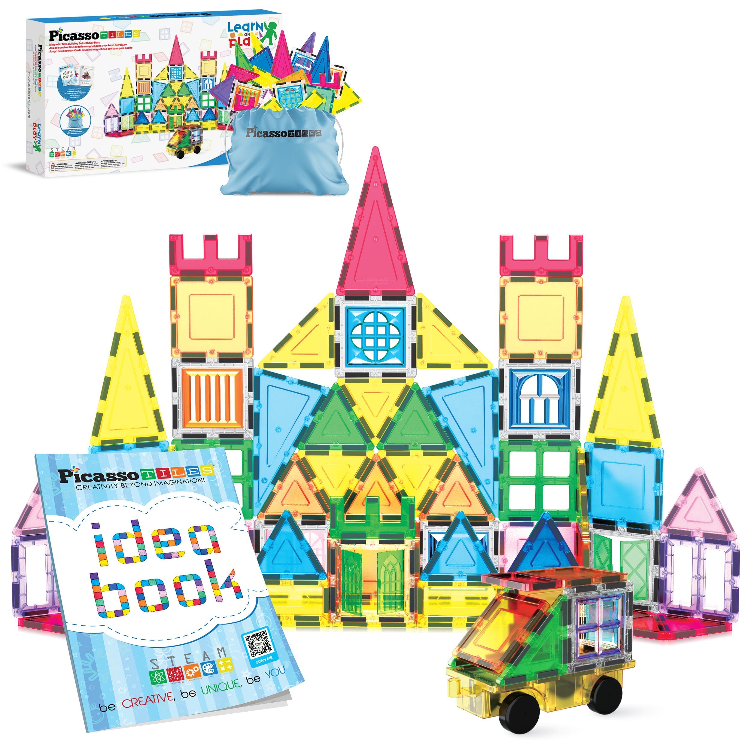 PicassoTiles - Magnetic Tiles for Kids - 103PCS STEM Construction Building Blocks Set with Tote Bag & Booklet Guide