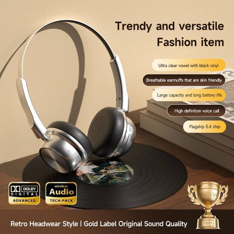 Trendy and versatile Fashion item

- Ultra clear vowel with black vinyl
- Breathable earmuffs that are skin friendly
- Large capacity and long battery life
- High definition voice call
- Flagship 5.4 chip

Retro Headwear Style | Gold Label Original Sound Quality

- Wireless Audio
- Dolby Digital Advanced Tech-Pack
