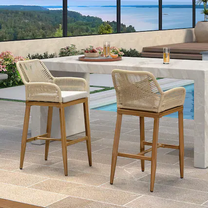 Front. PURPLE LEAF - Outdoor Counter/Bar Height StoolsRattan Wicker Bar Chairs Woven Aluminum Barstools with Back and Cushions Set of 2 - Teak-Bar Stool.