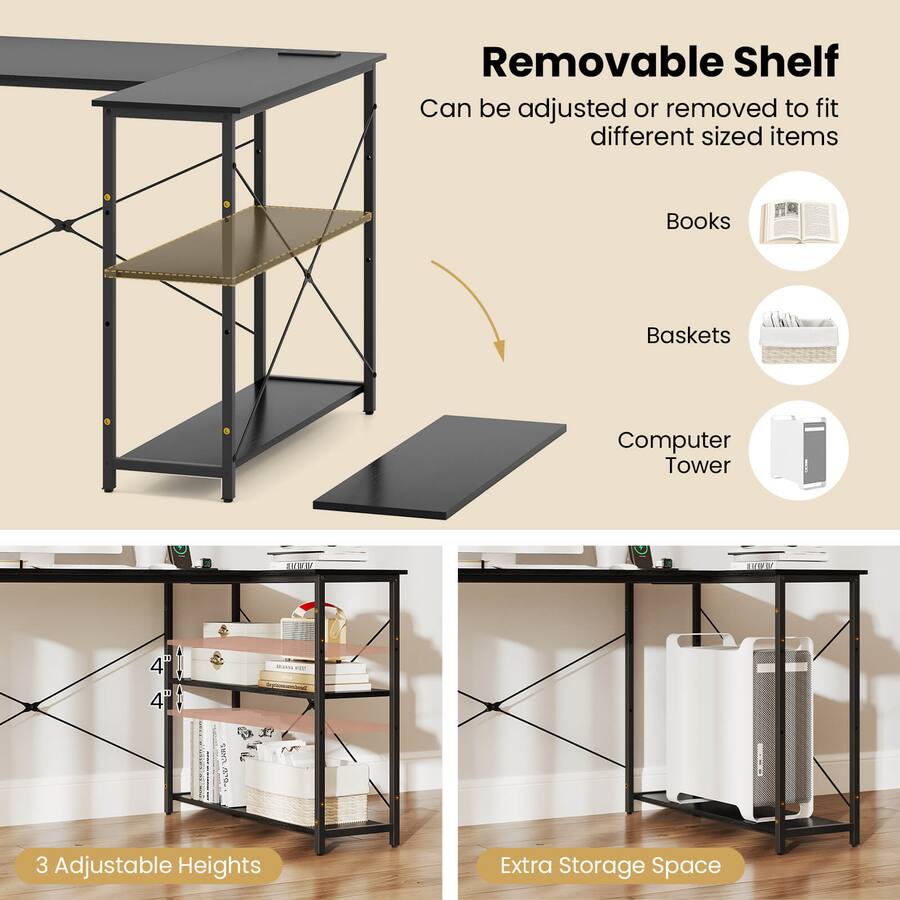 Computer Storage Basket Costway L Shaped Computer Desk with Power Outlets Adjustable shelf ...