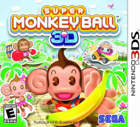 SUPER MONKEY BALL 3D
NINTENDO 3DS
SEGA
EVERYONE E
CONTENT RATED BY ESRB
Playable in 2D and 3D. 3D mode for ages 7+. See back. - E (Everyone)