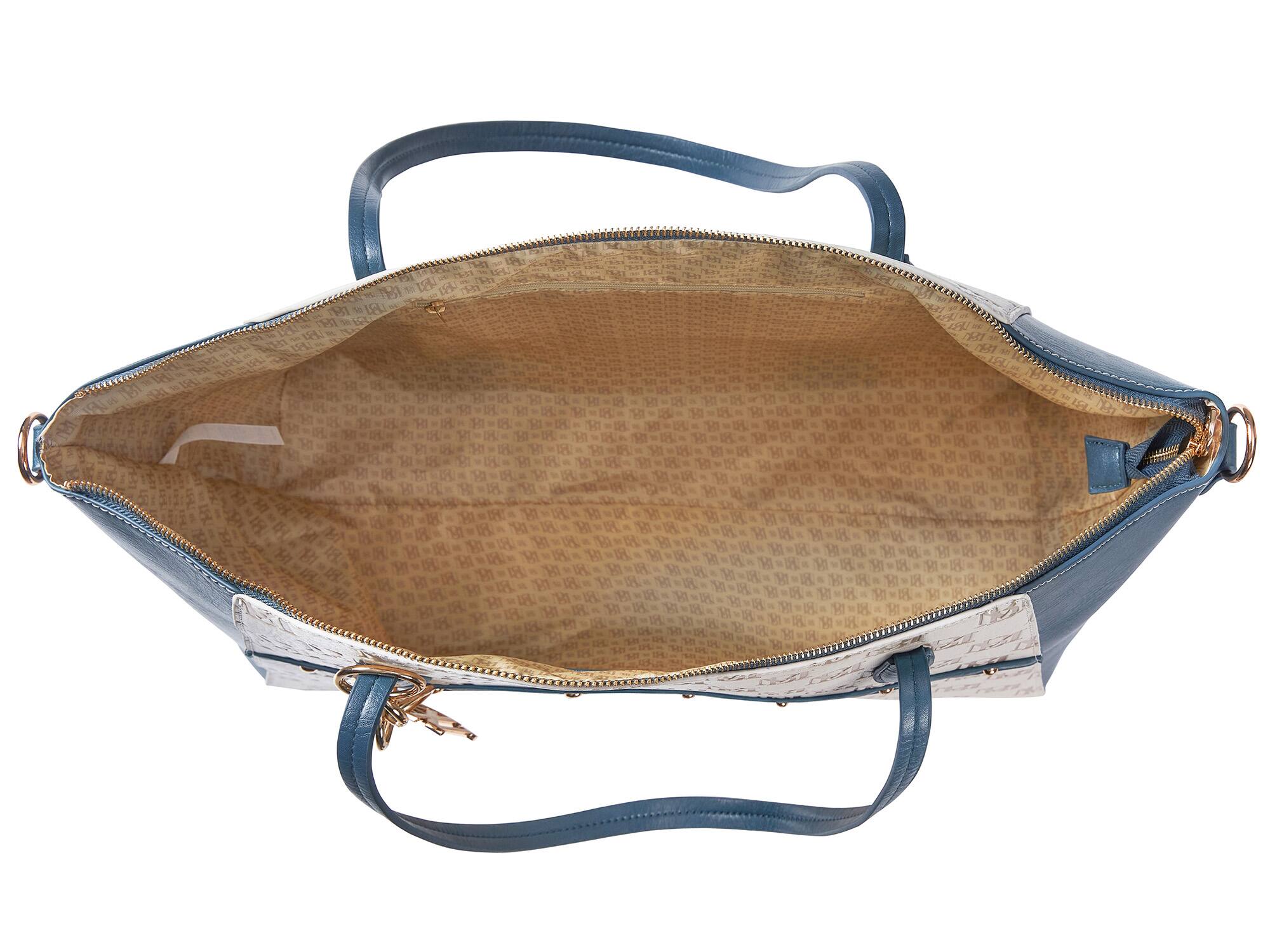 Left. Badgley Mischka - BADGLEY MISCHKA Caroline Vegan Leather Weekender Tote Bag | Navy - Champagne-Navy.